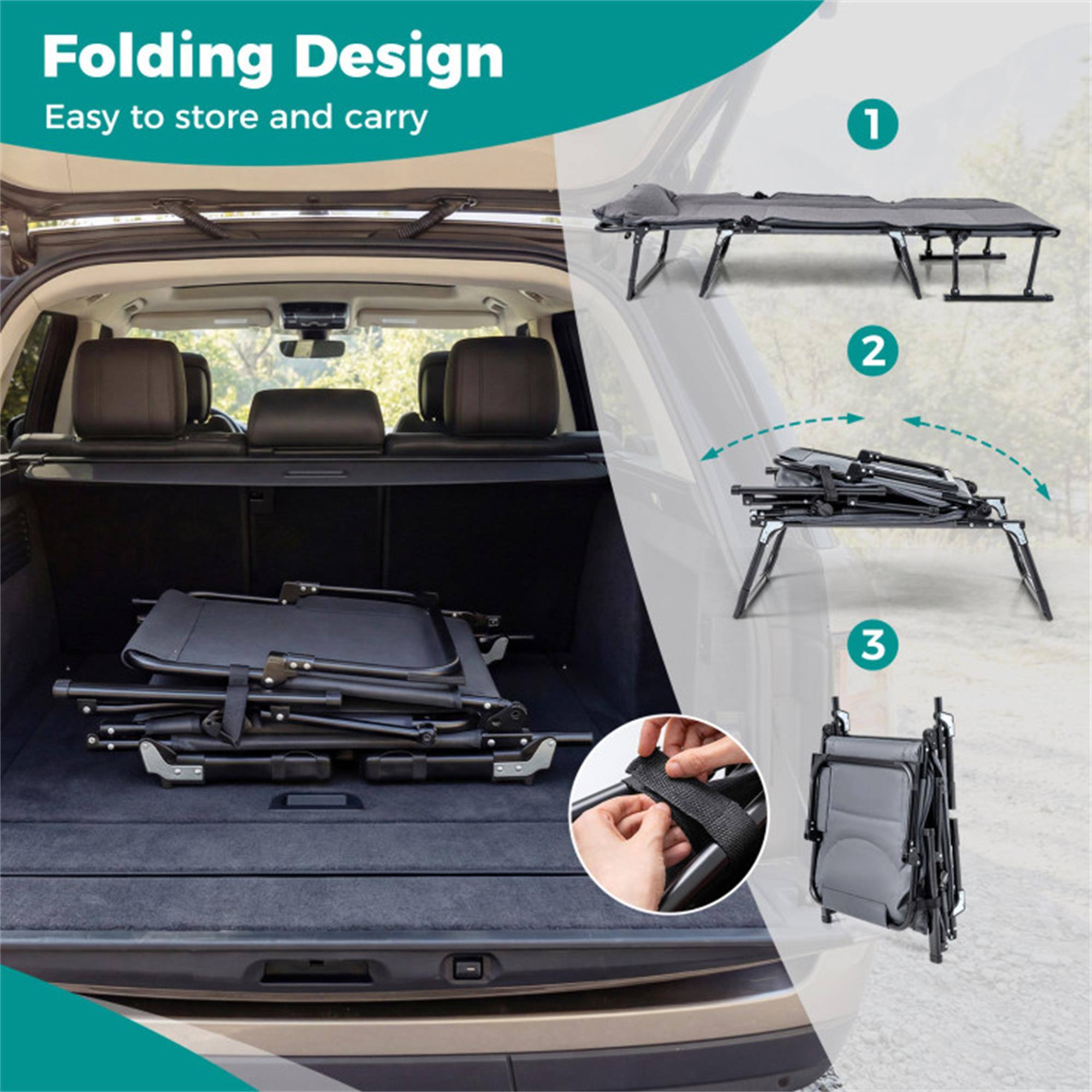 Folding Design  
Easy to store and carry  

1  
2  
3