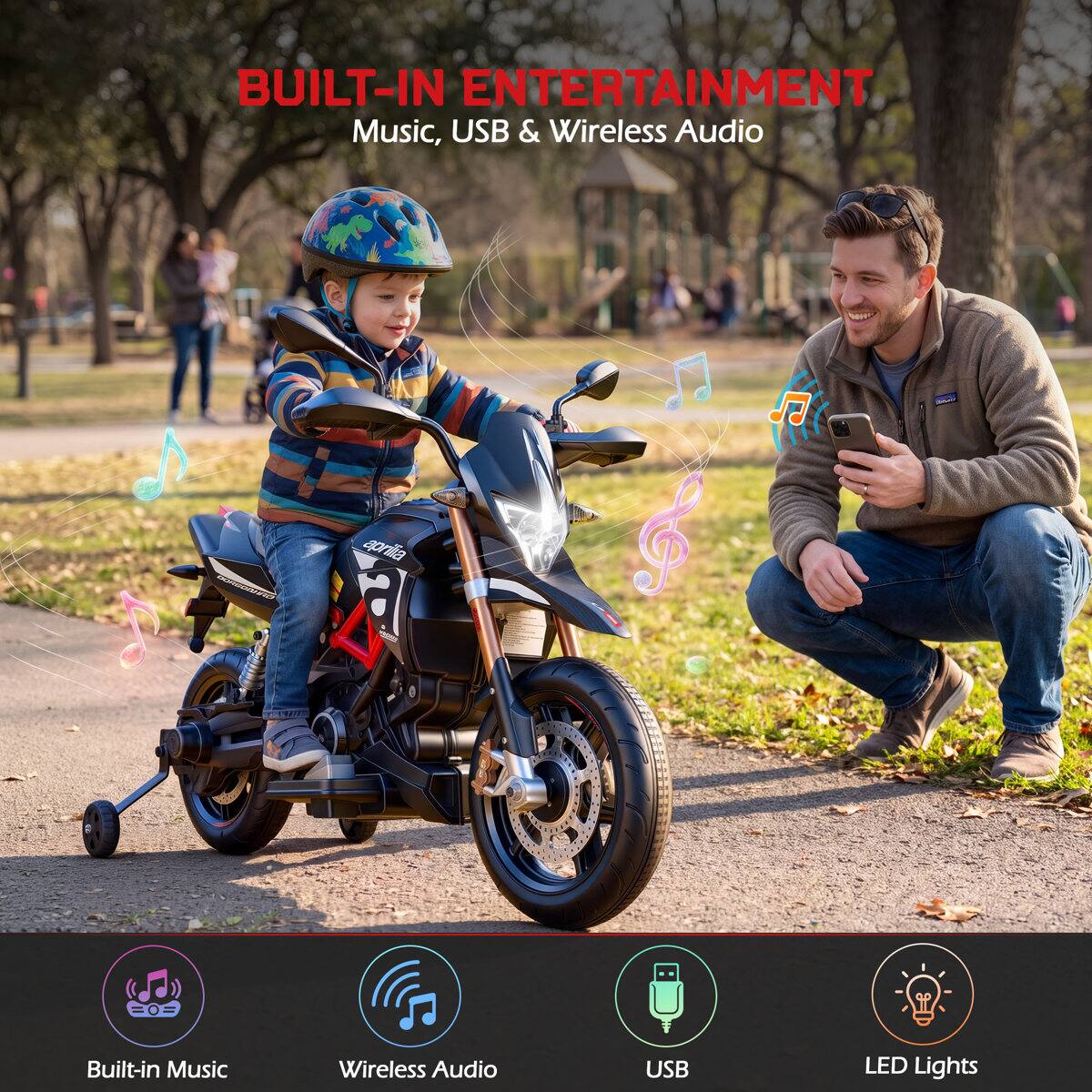 BUILT-IN ENTERTAINMENT  
Music, USB & Wireless Audio

aprilia 17

Built-in Music  
Wireless Audio  
USB  
LED Lights