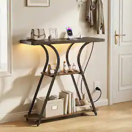 Costway - 32" Console Table with Power Outlets & LED Lights, Storage Shelves & Metal Frame - Rustic Brown + Black