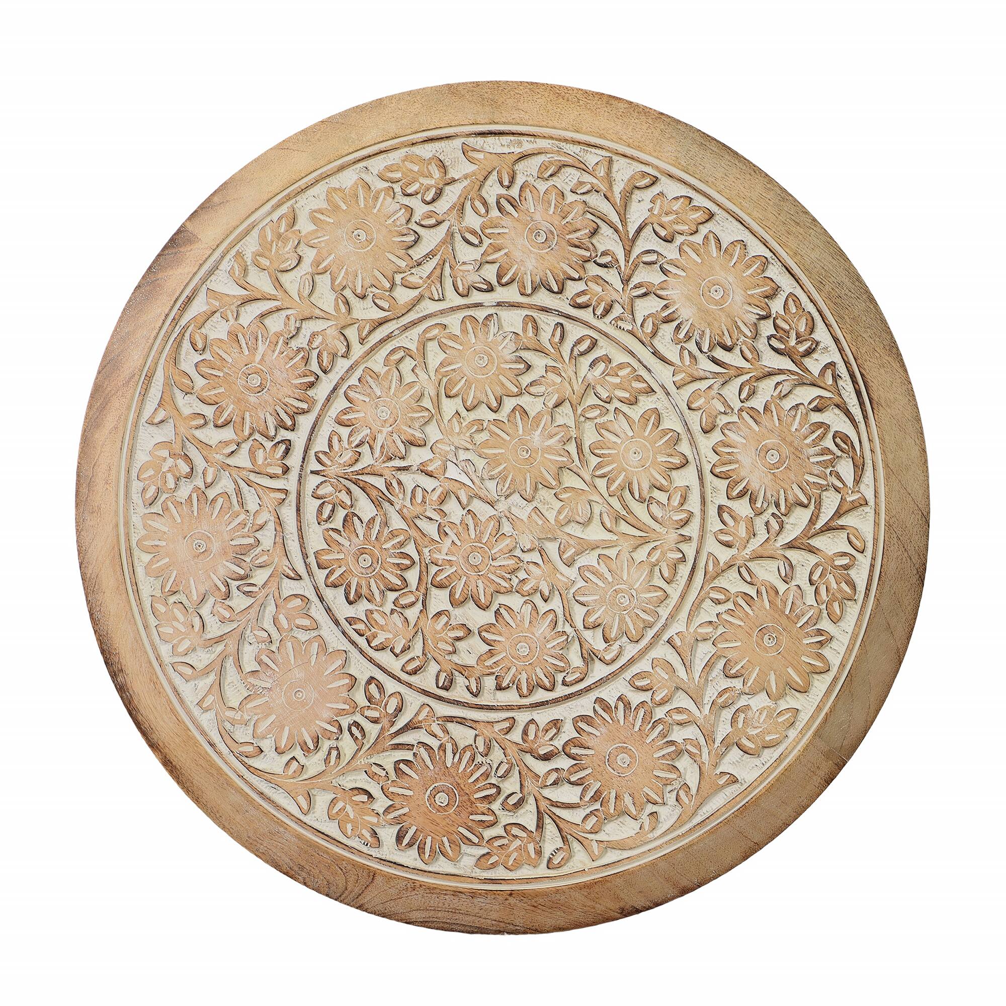 Alt View 2. Manhattan Lane - Intricately Carved Round Top Mango Wood Side End Table with Pedestal Base - Brown and White.