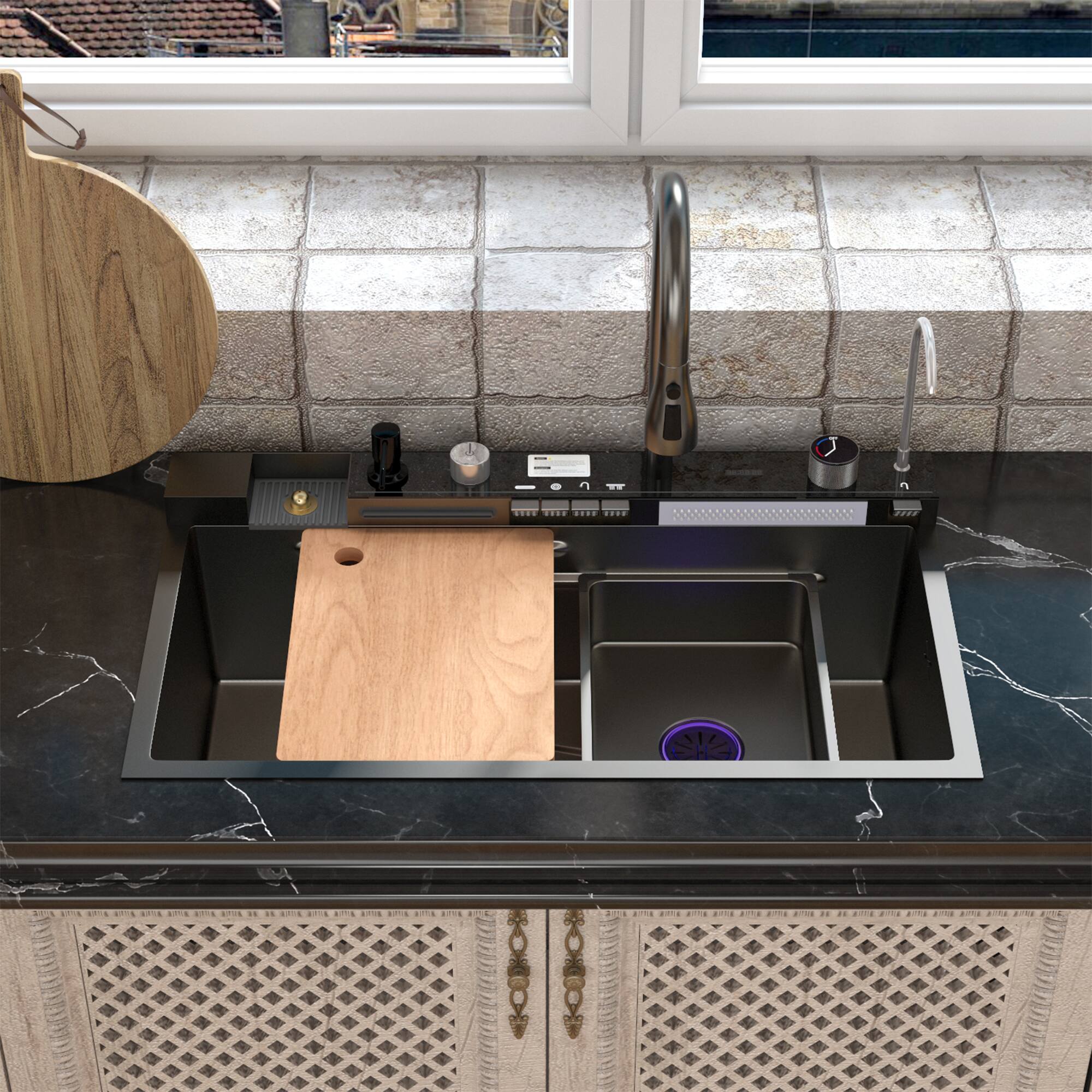 Alt View 1. Famapy - Workstation Kitchen Sink with Digital Display, Drop-in Single Bowl Sink with Faucet & Accessories - Black.
