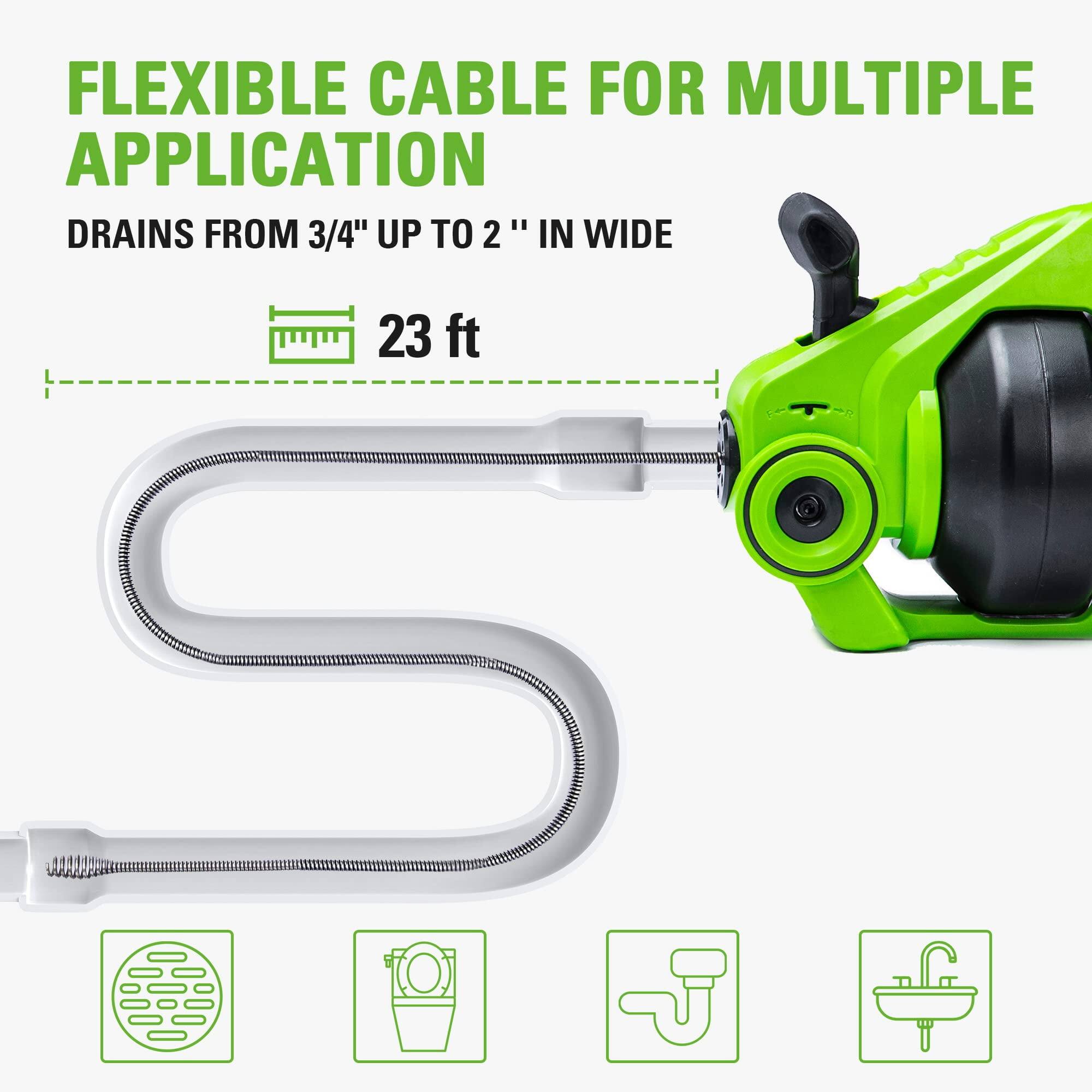 FLEXIBLE CABLE FOR MULTIPLE APPLICATION  
DRAINS FROM 3/4" UP TO 2" IN WIDE  
23 ft