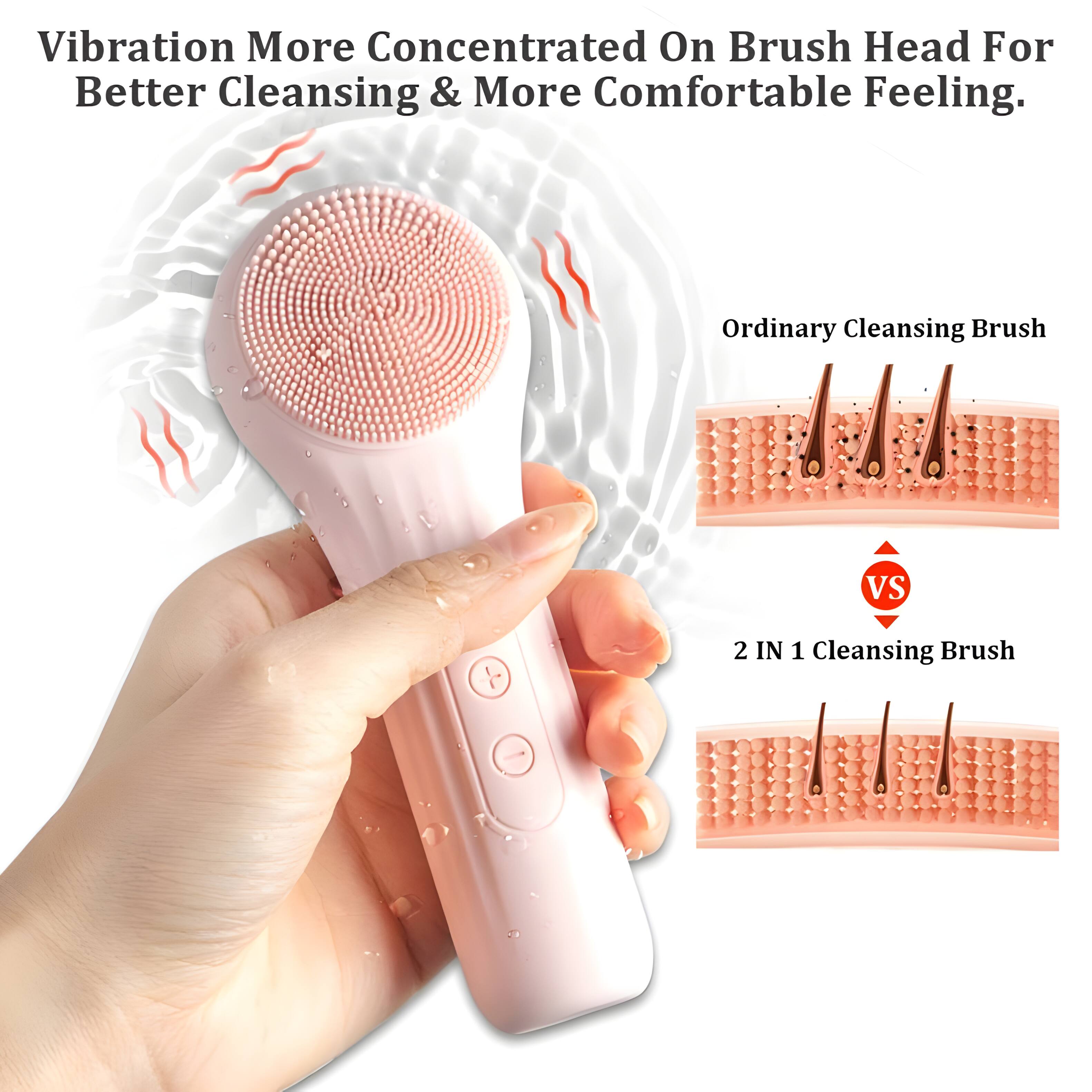 Vibration More Concentrated On Brush Head For Better Cleansing & More Comfortable Feeling.

Ordinary Cleansing Brush VS 2 IN 1 Cleansing Brush