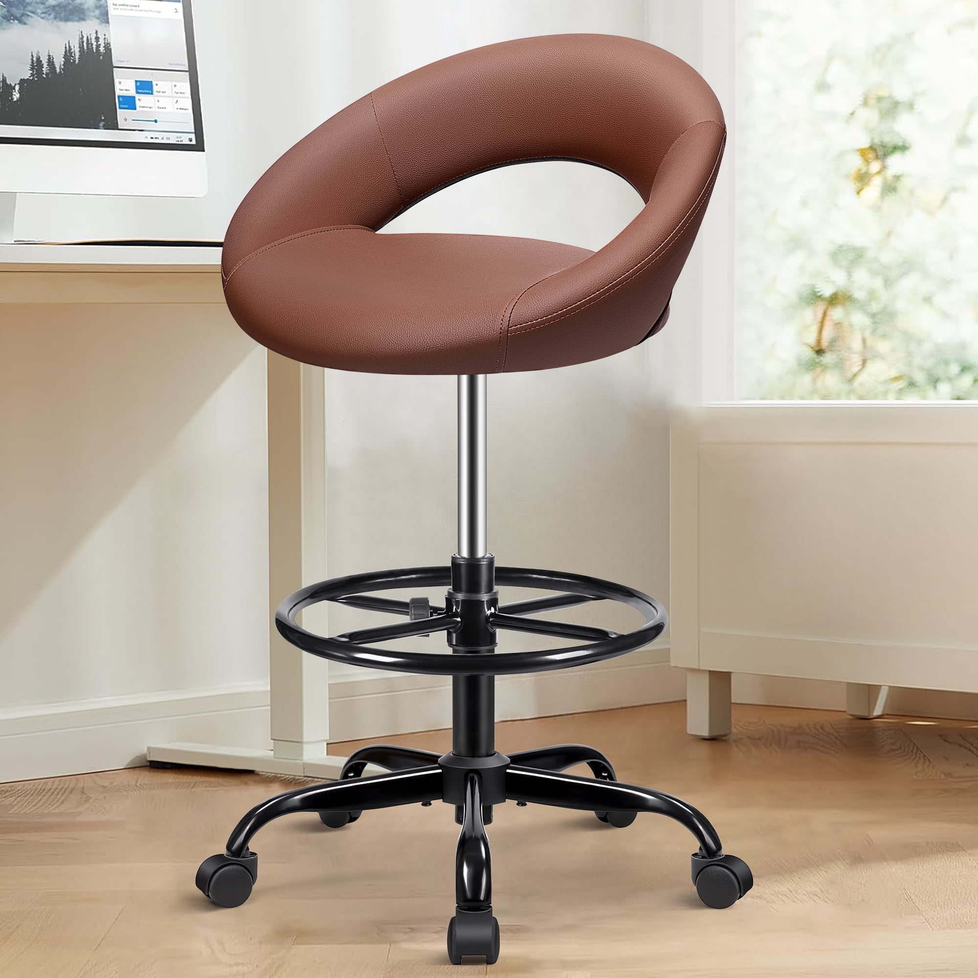 Front. KERDOM - Tall Office Drafting Chair, Bar Stool with Footrest, Shop Rolling Swivel Chair for Standing Desk Kitchen Counter Studio - Brown.