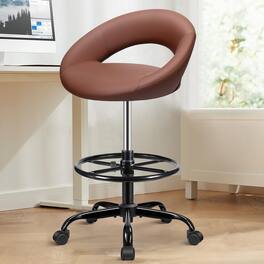 KERDOM - Tall Office Drafting Chair, Bar Stool with Footrest, Shop Rolling Swivel Chair for Standing Desk Kitchen Counter Studio - Brown