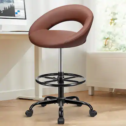 Front. KERDOM - Tall Office Drafting Chair, Bar Stool with Footrest, Shop Rolling Swivel Chair for Standing Desk Kitchen Counter Studio - Brown.