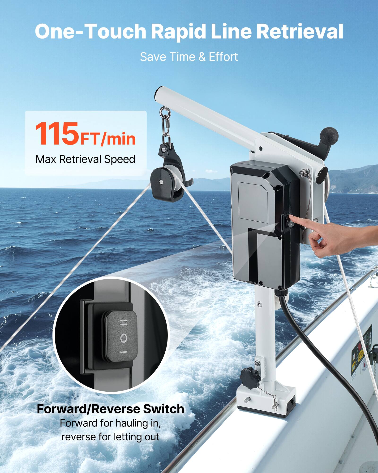 One-Touch Rapid Line Retrieval  
Save Time & Effort  

115 FT/min  
Max Retrieval Speed  

Forward/Reverse Switch  
Forward for hauling in, reverse for letting out