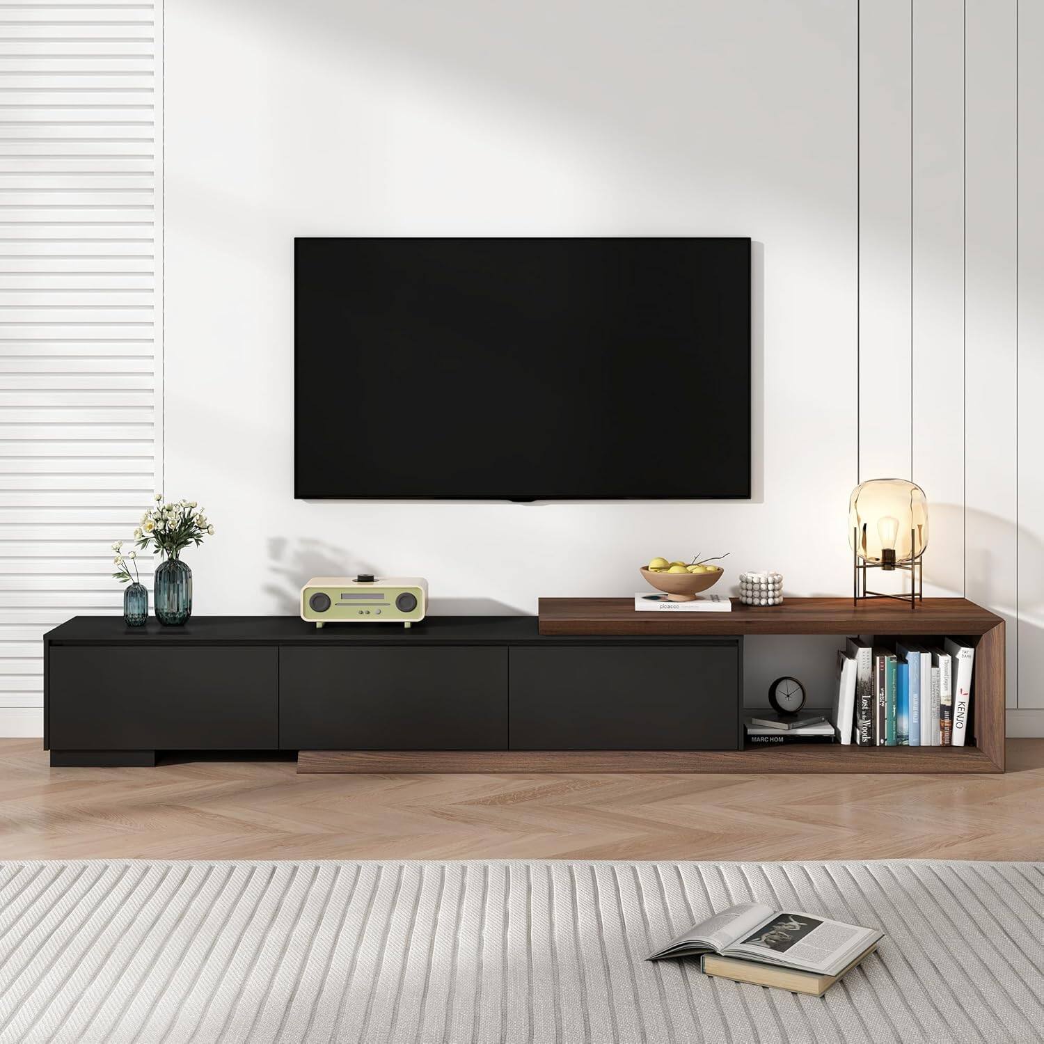 Left. Espafurni - 82 - 107.3 Inch Extendable TV Stand - 3 Drawers, Modern Minimalist Entertainment Center with Reversible Console - Black & Walnut.