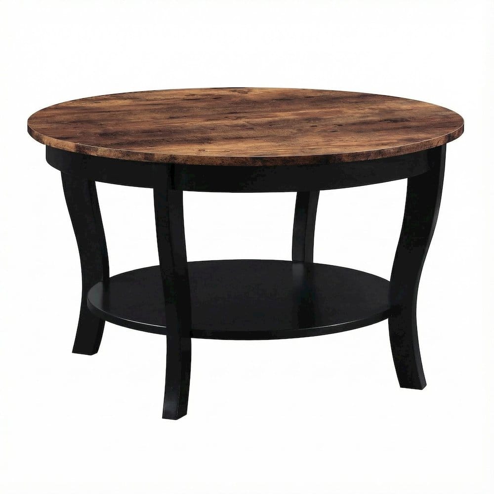 FurniFact - Multi-Color Round Coffee Table with Single Shelf and Rubberwood Legs - Barnwood/Black