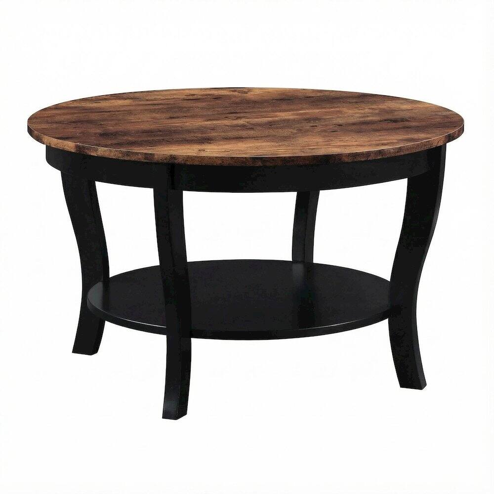 Front. FurniFact - Multi-Color Round Coffee Table with Single Shelf and Rubberwood Legs - Barnwood/Black.
