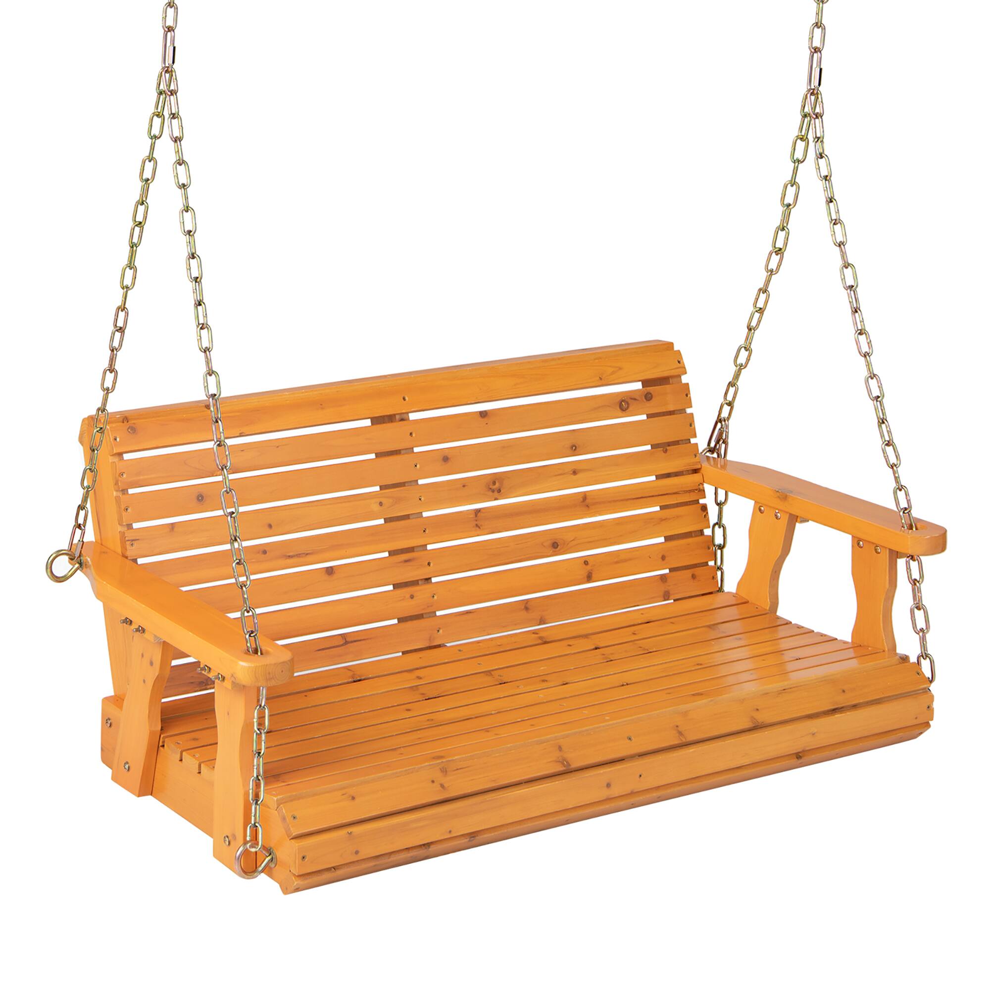 Gymax - 2-Person Porch Swing Chair Wooden Garden Swing Bench w/ Adjustable Chains - Orange