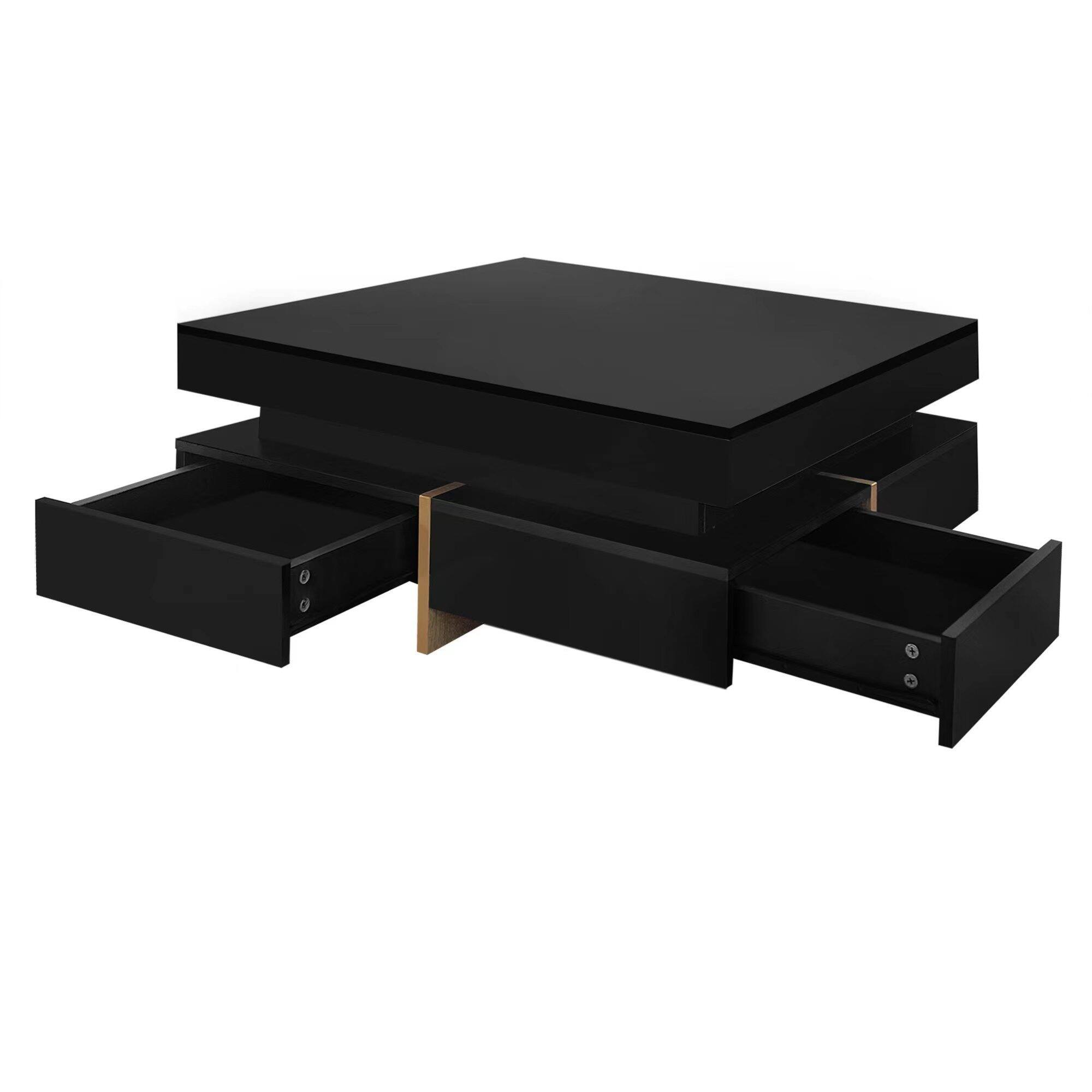 Alt View 8. GOODSILO - Modern High Gloss Square Coffee Table with Four Drawers and Wood Grain Legs for Living Room - Black.