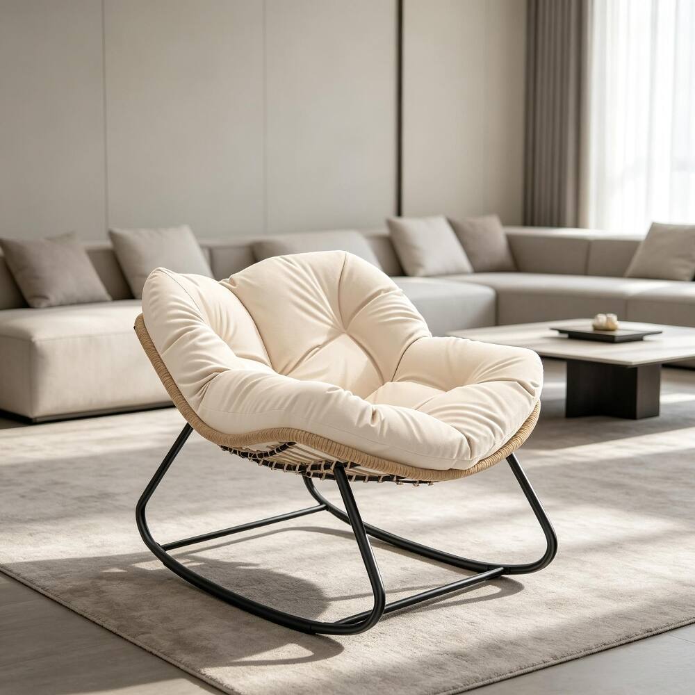 Alt View 5. Loheer - Loheer Rocking Egg Chair Oversized Papasan Chair with Cushion - Cream White.