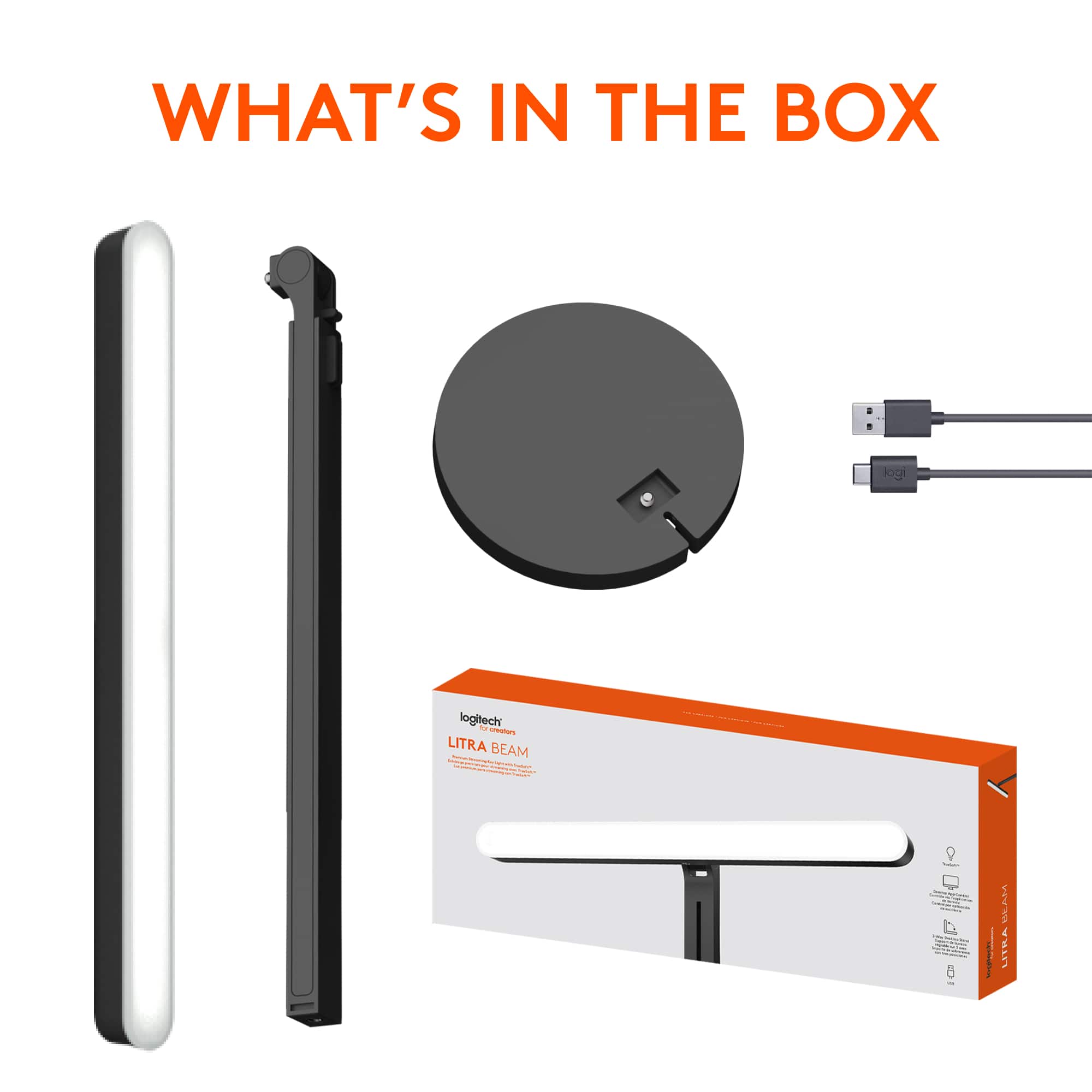 The text on the image reads "What's in the box: Logitech Ultra Beam."