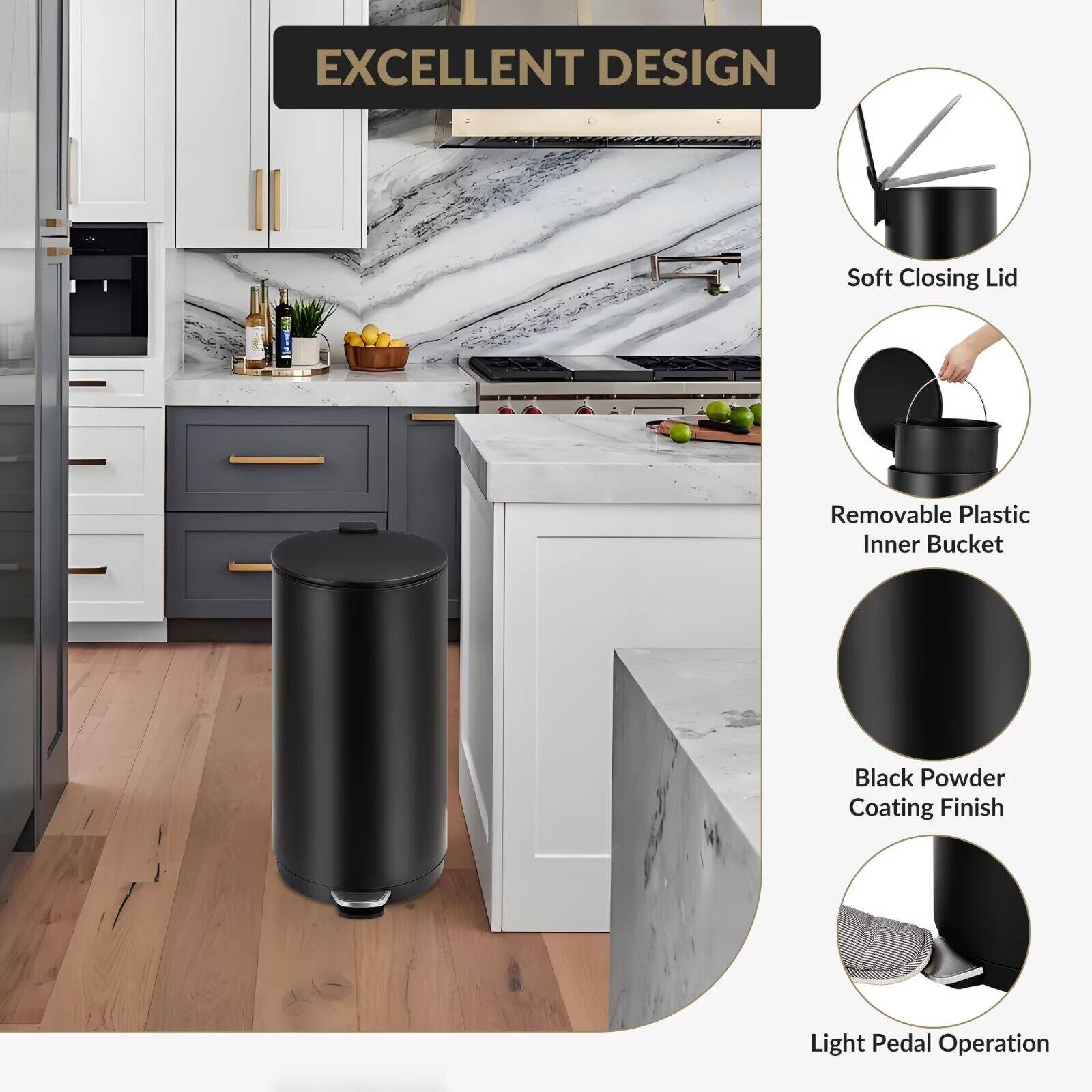 EXCELLENT DESIGN

- Soft Closing Lid
- Removable Plastic Inner Bucket
- Black Powder Coating Finish
- Light Pedal Operation