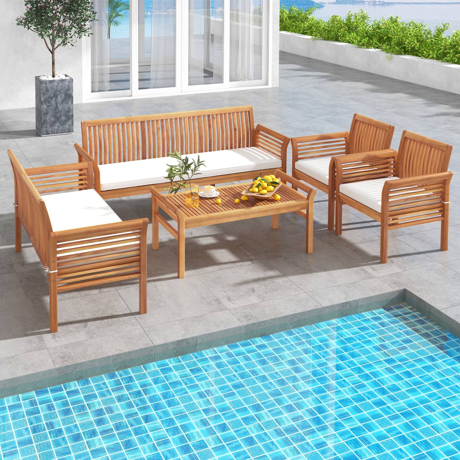 Front. Gymax - Gymax Set Of 5 Patio Furniture Set w/ Acacia Wood Frame & Removable Seat Cushions - Off White, Natural.