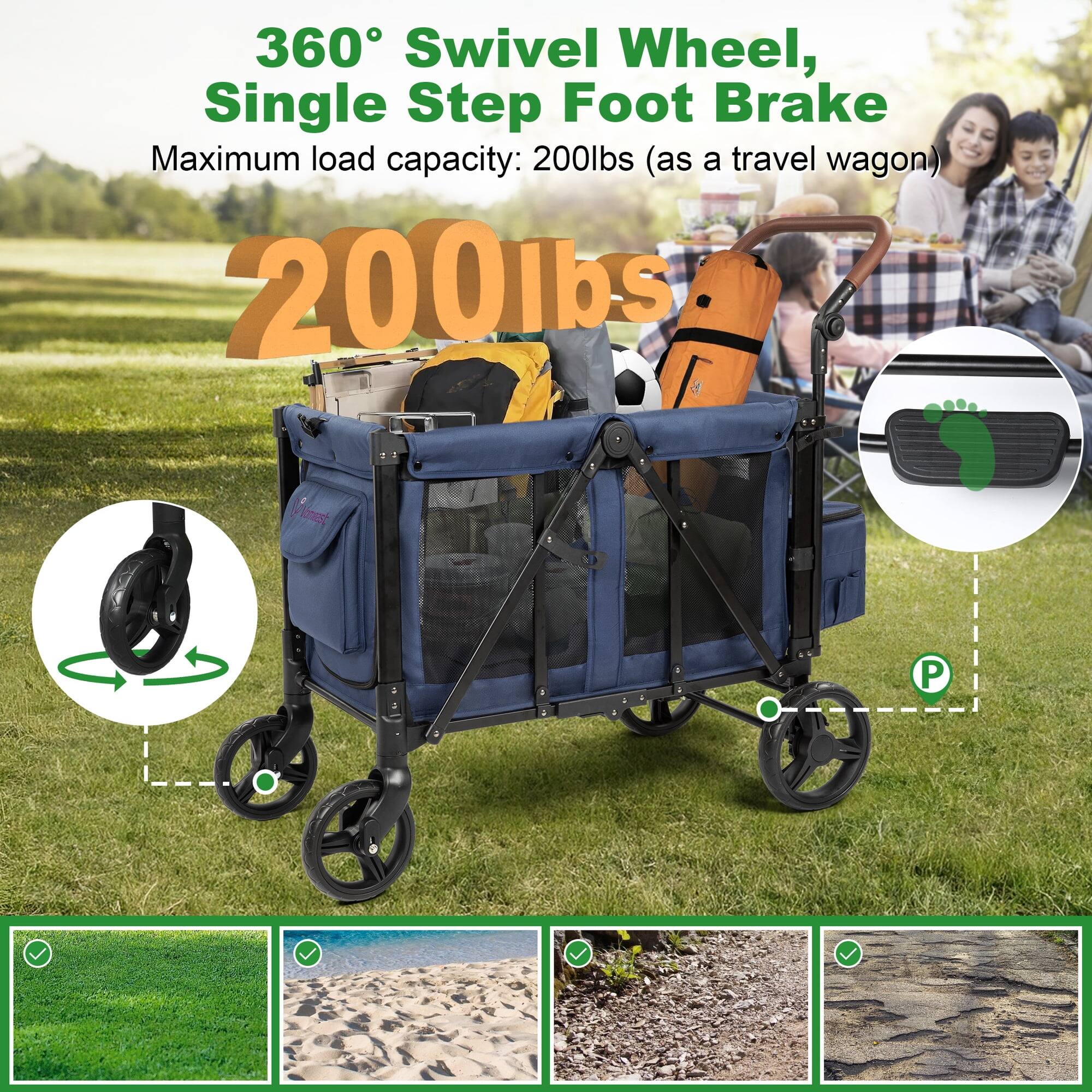 360° Swivel Wheel, Single Step Foot Brake  
Maximum load capacity: 200lbs (as a travel wagon)  
200lbs