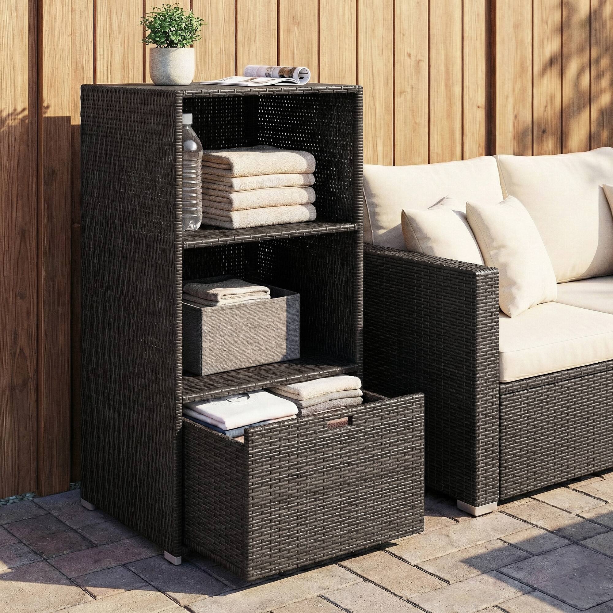 Alt View 1. Outsunny - Pool Towel Rack, Water-Resistant PE Plastic Rattan Wicker Storage Organizer, 2 Shelves - Brown.