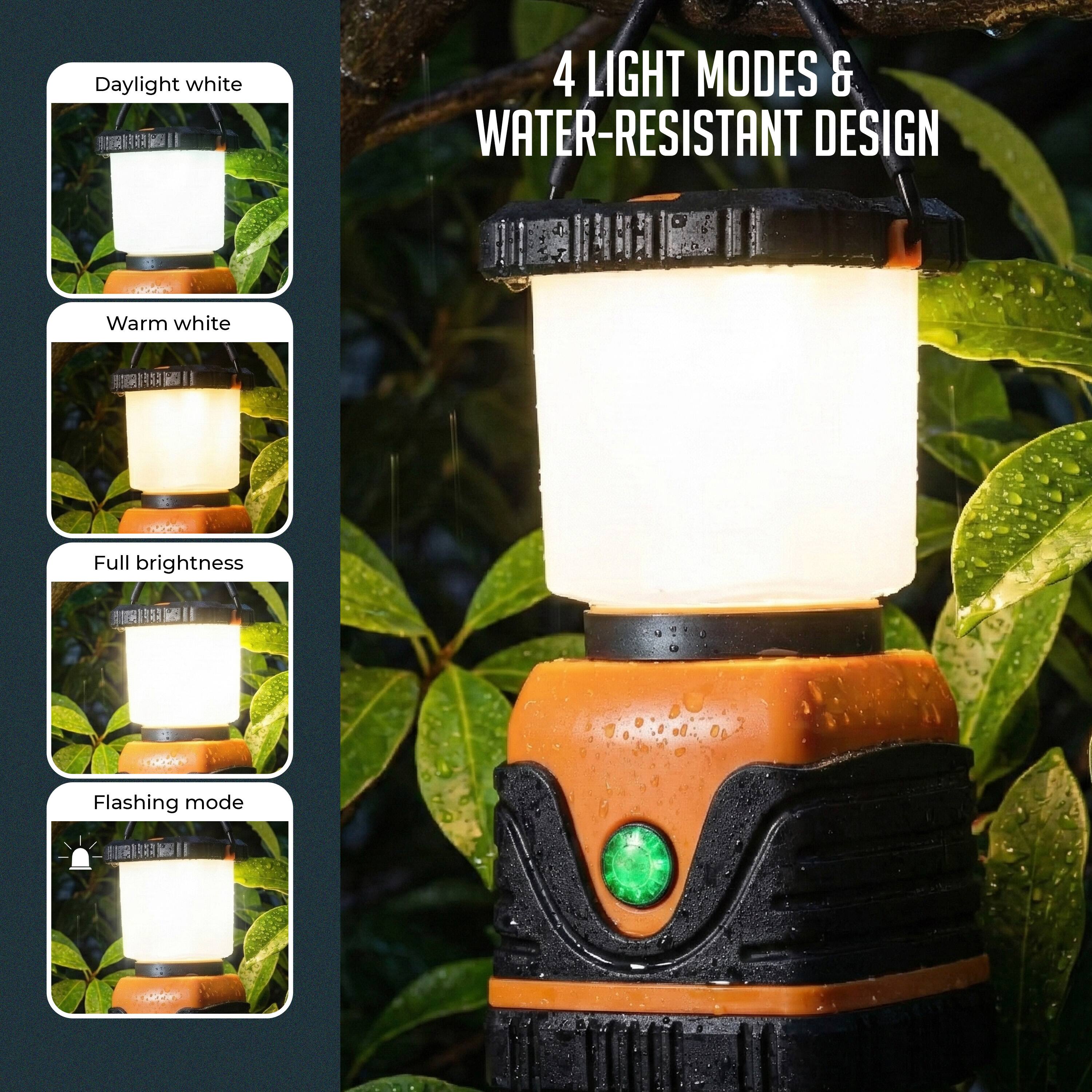Daylight white  
Warm white  
Full brightness  
Flashing mode  

4 LIGHT MODES & WATER-RESISTANT DESIGN