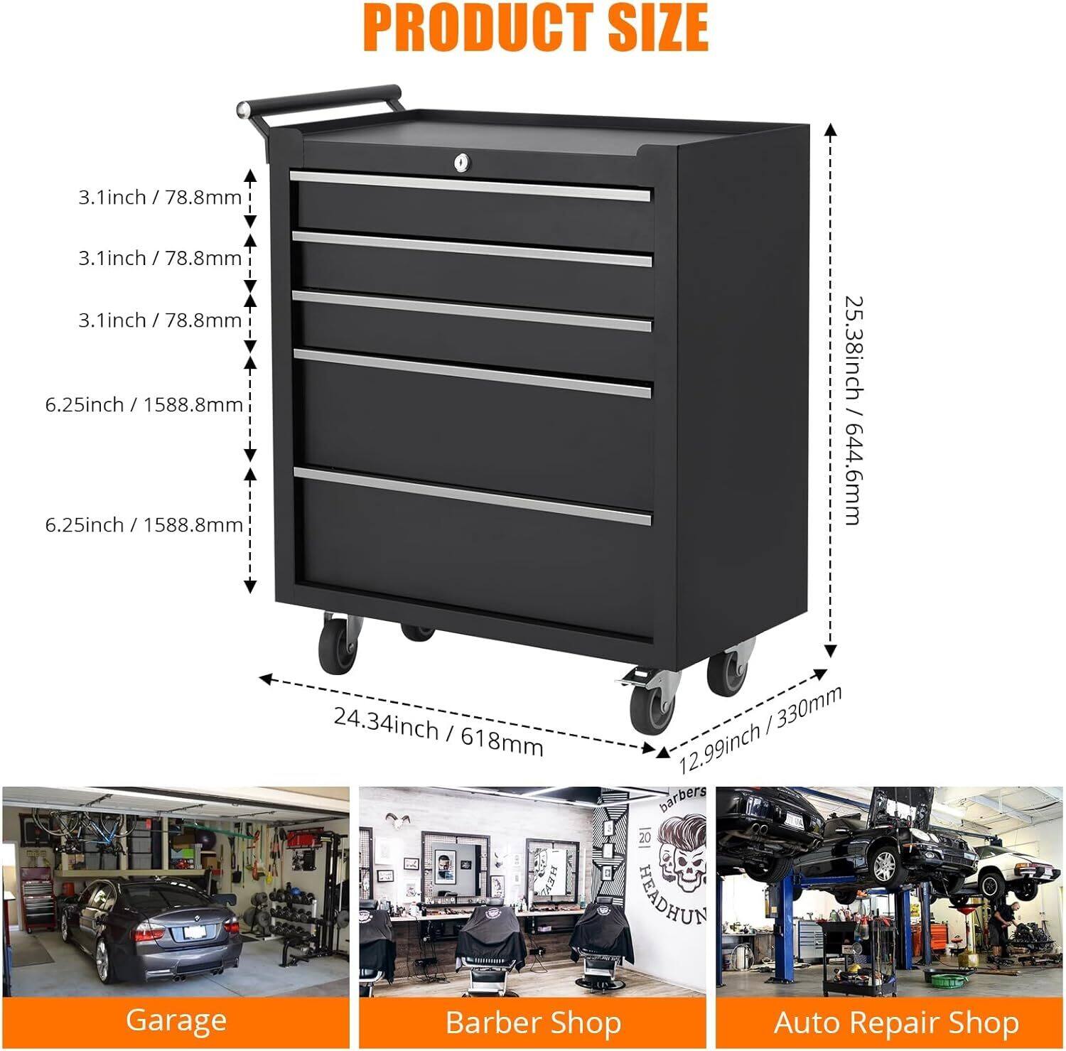 PRODUCT SIZE

- 3.1 inch / 78.8 mm
- 3.1 inch / 78.8 mm
- 3.1 inch / 78.8 mm
- 6.25 inch / 158.8 mm
- 6.25 inch / 158.8 mm
- 25.38 inch / 644.6 mm
- 24.34 inch / 618 mm
- 12.99 inch / 330 mm

Garage  
Barber Shop  
Auto Repair Shop