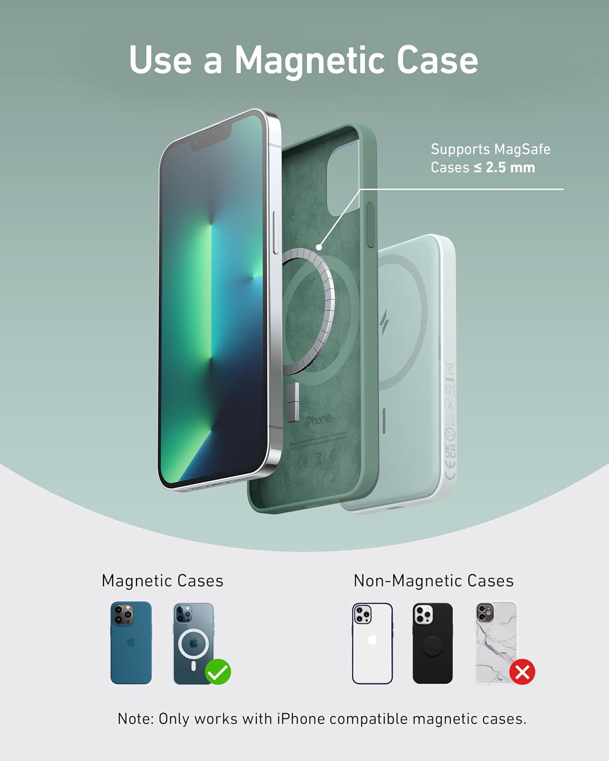 Use a Magnetic Case

Supports MagSafe Cases ≤ 2.5 mm

Magnetic Cases

Non-Magnetic Cases

Note: Only works with iPhone compatible magnetic cases.