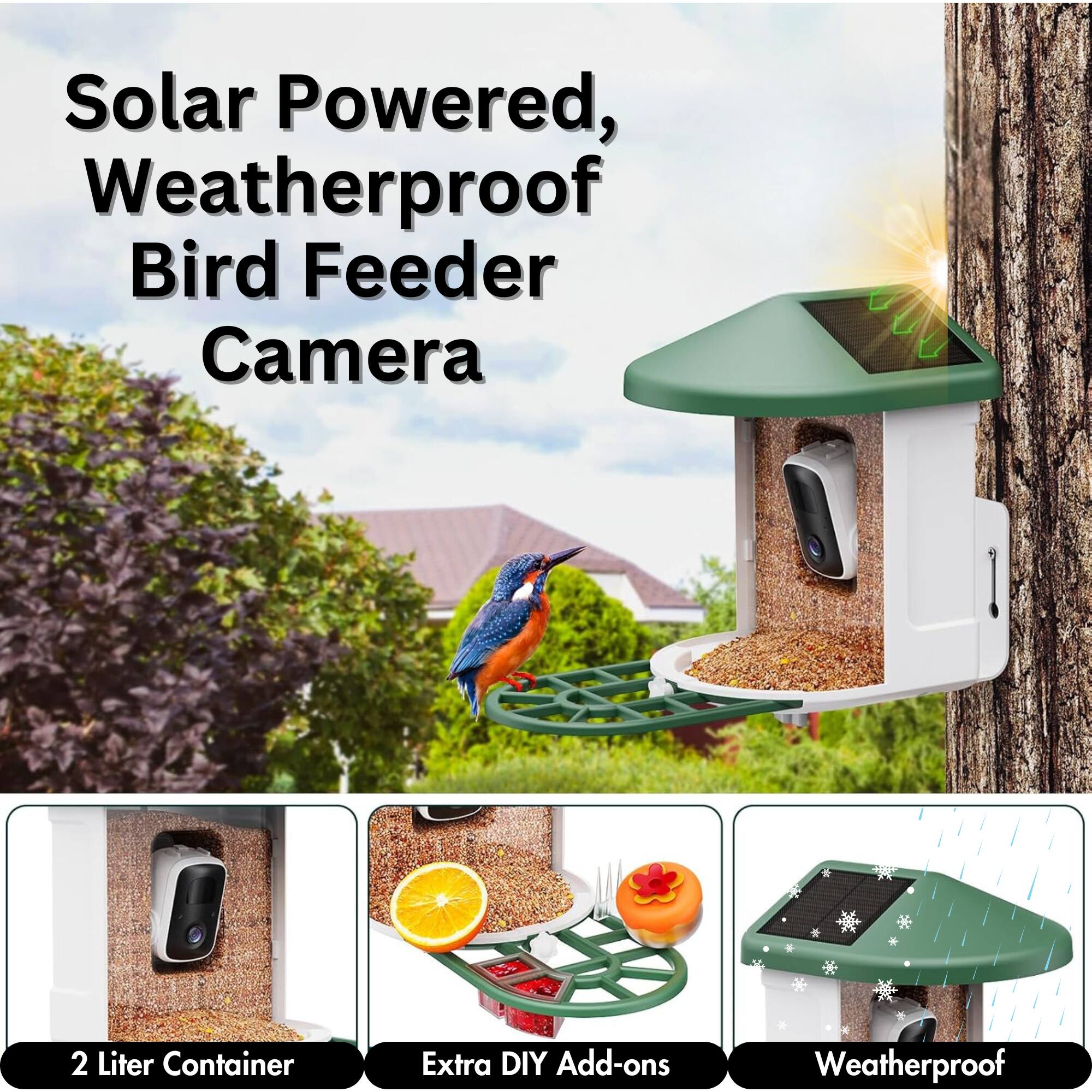 Solar Powered, Weatherproof Bird Feeder Camera

2 Liter Container
Extra DIY Add-ons
Weatherproof