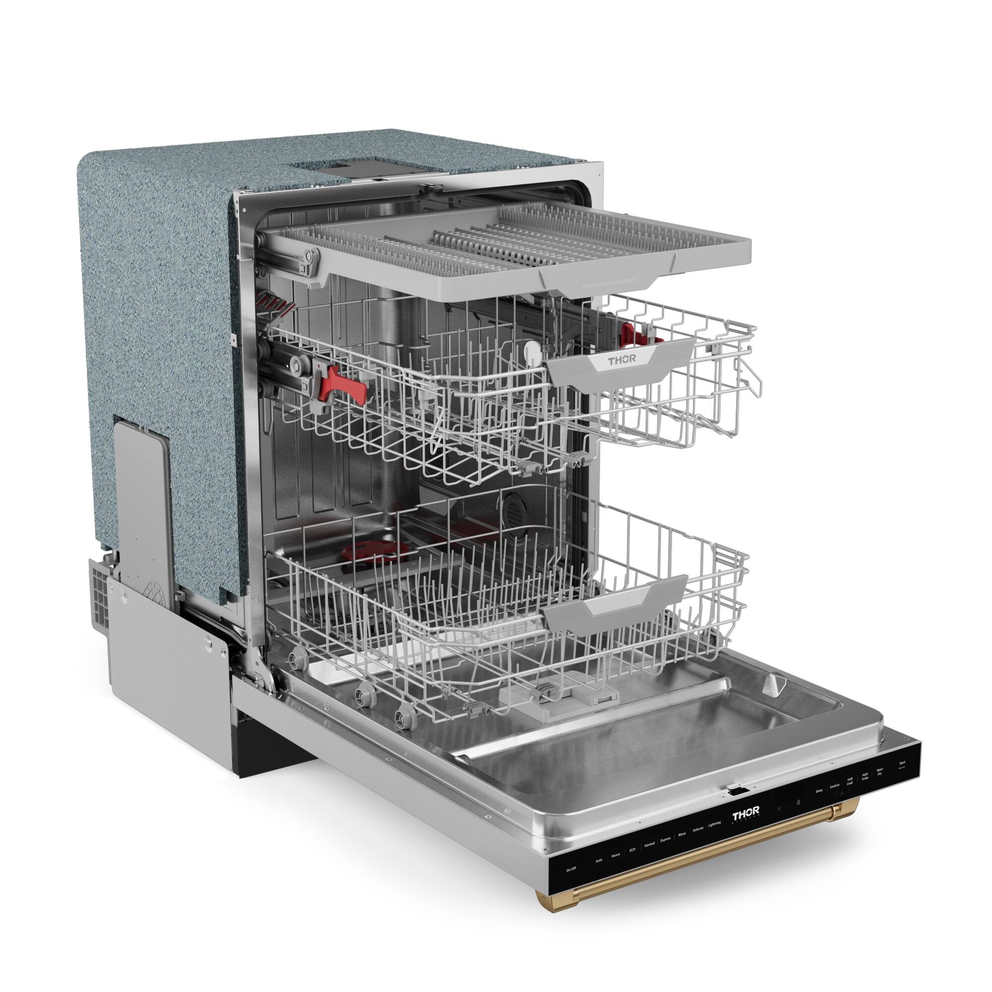 The image shows a dishwasher with a silver door and a silver interior. The dishwasher has a silver rack with dishes on it, and it is open, revealing the dishes inside. The dishwasher is made of stainless steel, giving it a sleek and modern appearance.