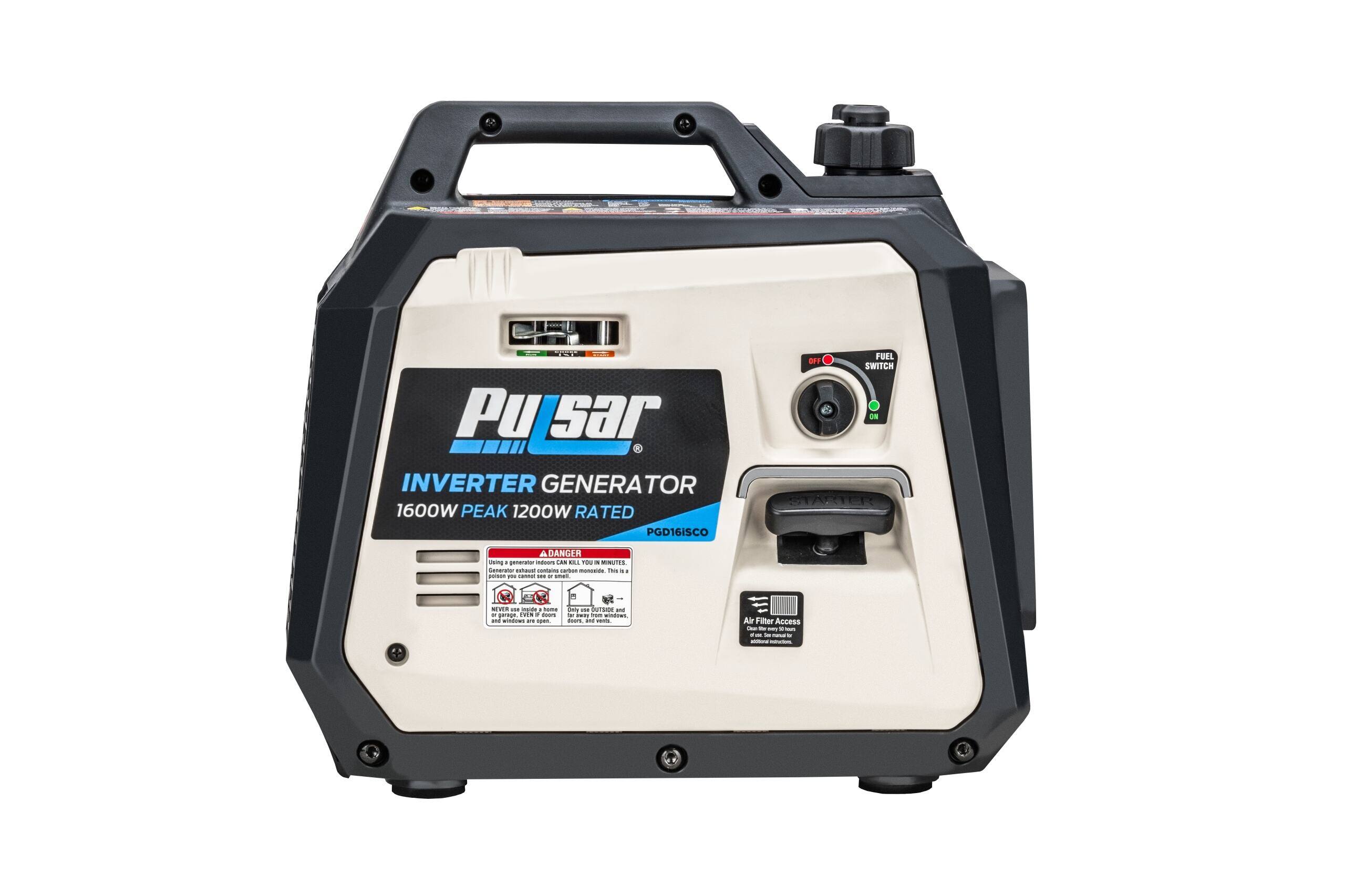 Pulsar Inverter Generator  
1600W Peak 1200W Rated  
PGD16ISCO  

Fuel Switch  
Off  
On  

Danger  
Using a generator indoors can kill you in minutes.  
Carbon monoxide can kill you or make you sick.  
Never use inside a home, garage, or any enclosed area.  
Always use outside and away from doors, windows, and vents.  

Air Filter Access  
If filter is dirty, replace or clean.