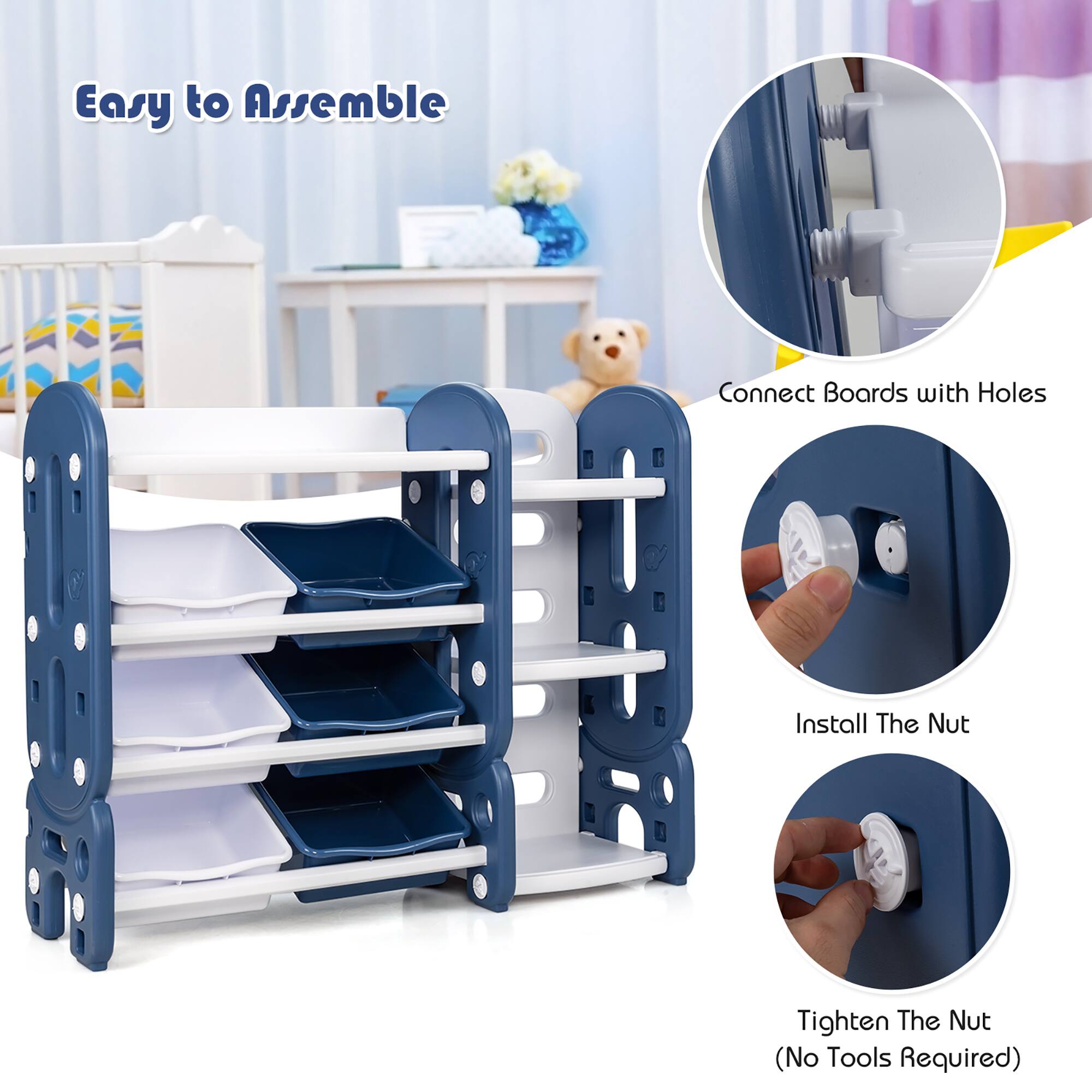 Easy to Assemble  
Connect Boards with Holes  
Install The Nut  
Tighten The Nut (No Tools Required)