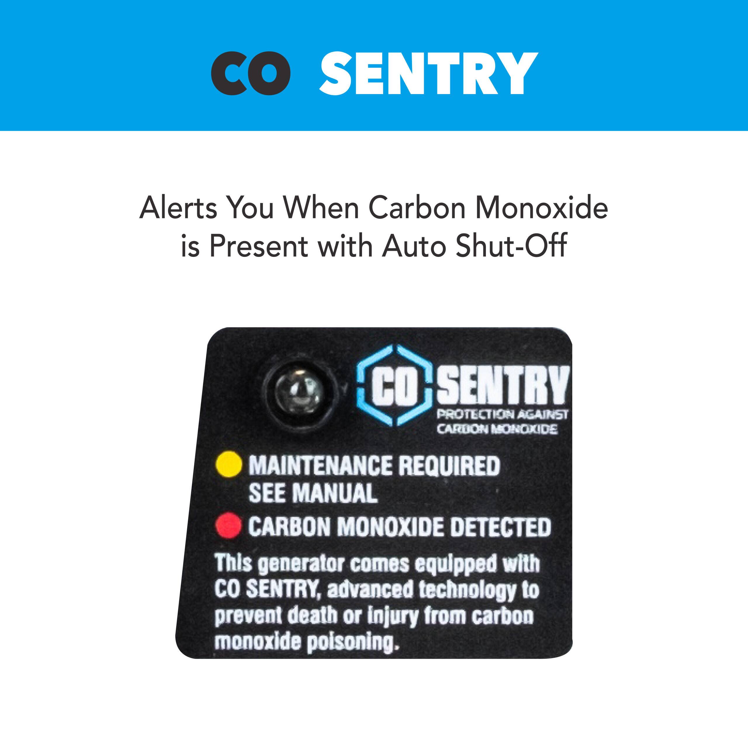 **CO SENTRY**

Alerts You When Carbon Monoxide is Present with Auto Shut-Off

**CO SENTRY**  
Protection Against Carbon Monoxide

- **Maintenance Required**  
  See Manual

- **Carbon Monoxide Detected**

This generator comes equipped with CO SENTRY, advanced technology to prevent death or injury from carbon monoxide poisoning.