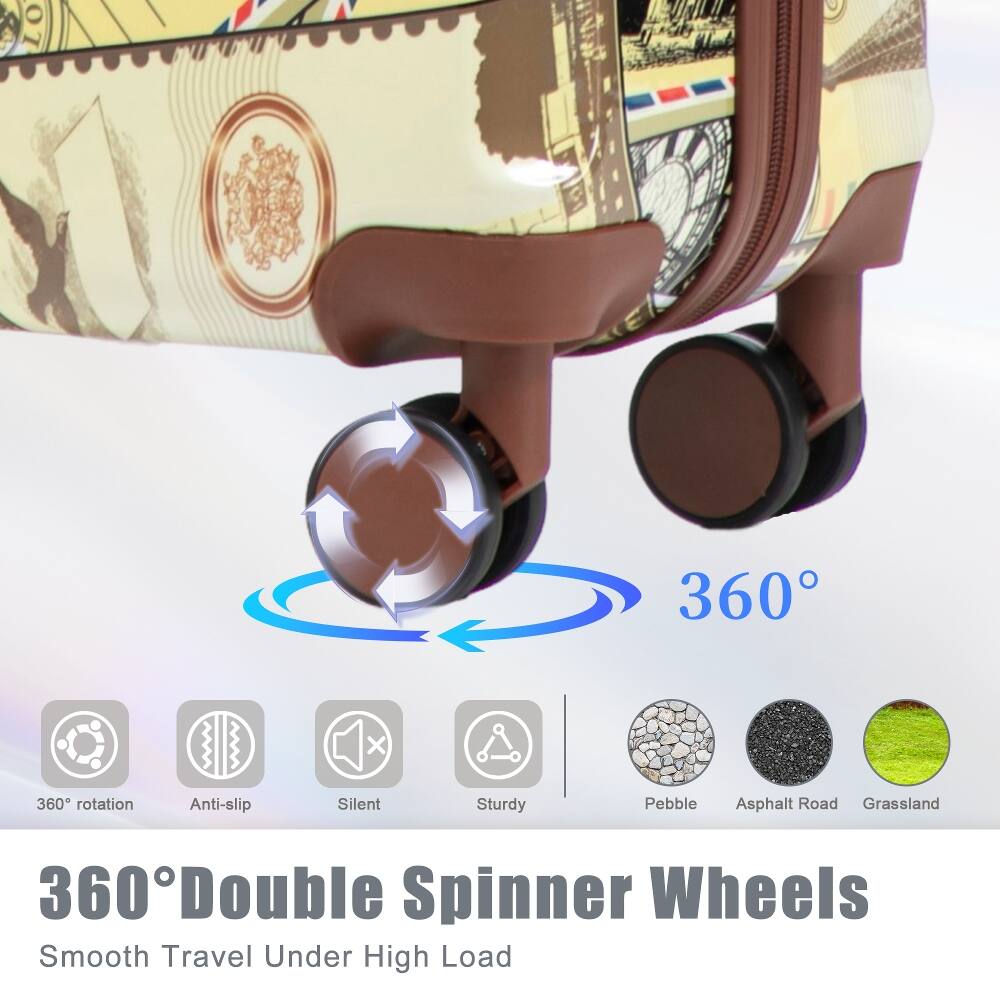 360° Double Spinner Wheels  
Smooth Travel Under High Load  

360° rotation  
Anti-slip  
Silent  
Sturdy  
Pebble  
Asphalt Road  
Grassland