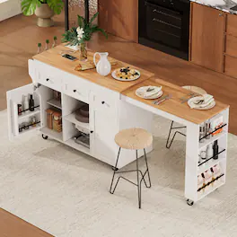 Loheer - 85.5" Kitchen Island with Extendable Dining Table, Rolling Kitchen Island with Power Outlet - White
