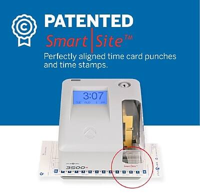 PATENTED  
Smart Site™  
Perfectly aligned time card punches and time stamps.  

3:07  
TLE AUO  
FH Q  
3500