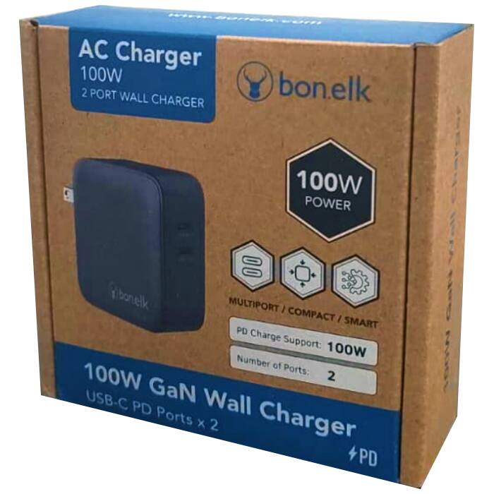 AC Charger 100W 2 PORT WALL CHARGER  
bon.elk 100W POWER  
MULTI PORT / COMPACT / SMART  
PD Charge Support: 100W  
Number of Ports: 2  
USB-C GaN Wall PD Ports x 2