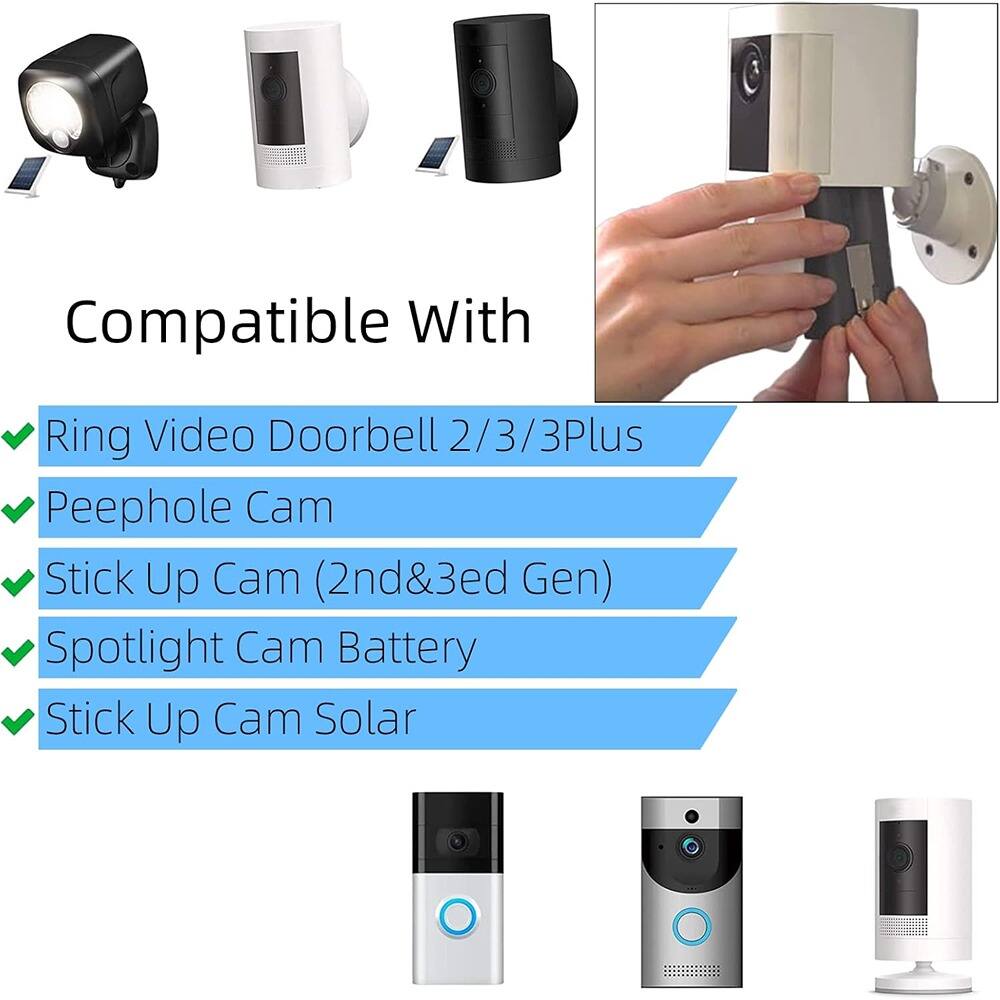 Compatible With

- Ring Video Doorbell 2/3/3Plus
- Peephole Cam
- Stick Up Cam (2nd & 3rd Gen)
- Spotlight Cam Battery
- Stick Up Cam Solar