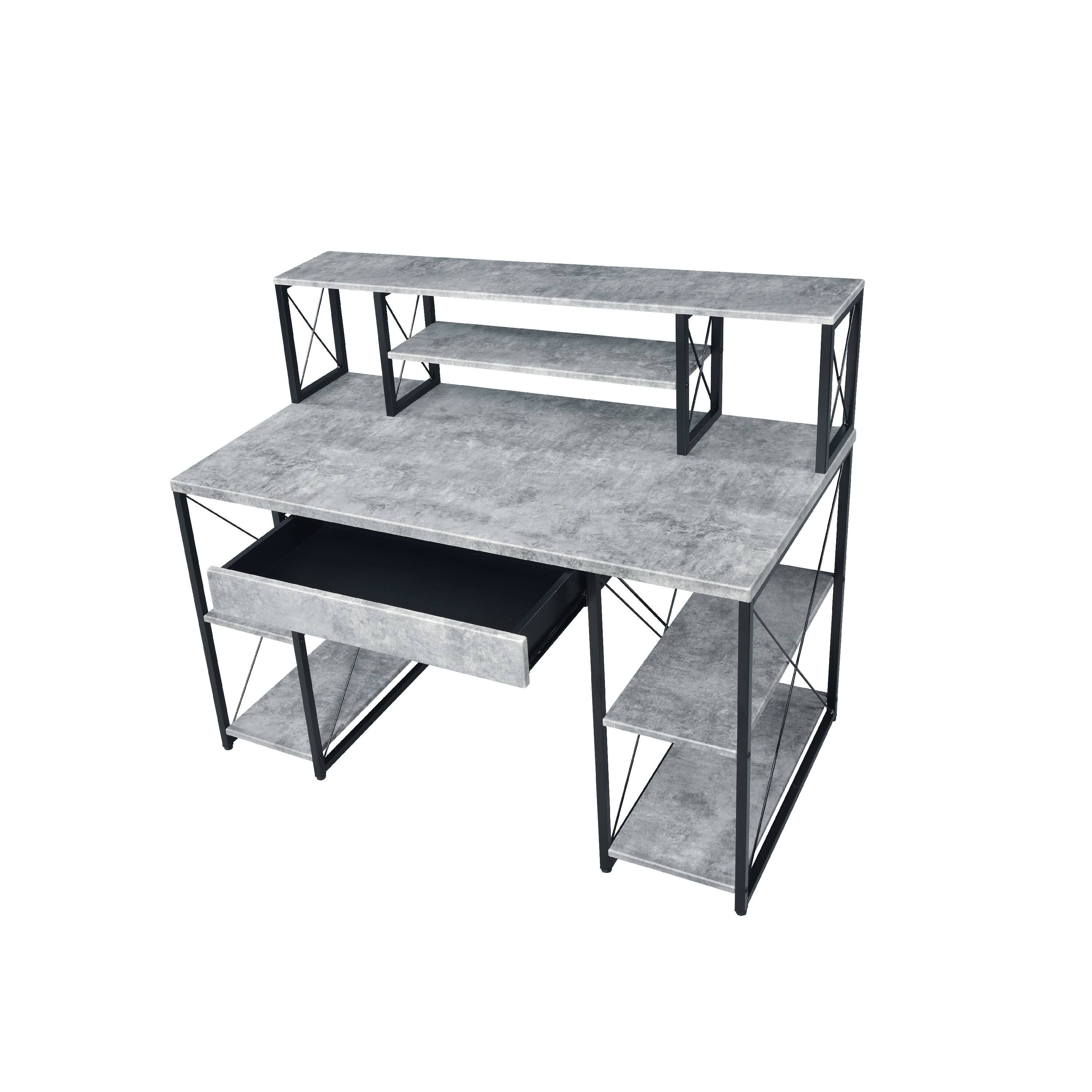 Angle. Manhattan Lane - Metal Desk with 4 Open Bottom Shelves and Bookcase Hutch, Gray and Black - Gray and Black.