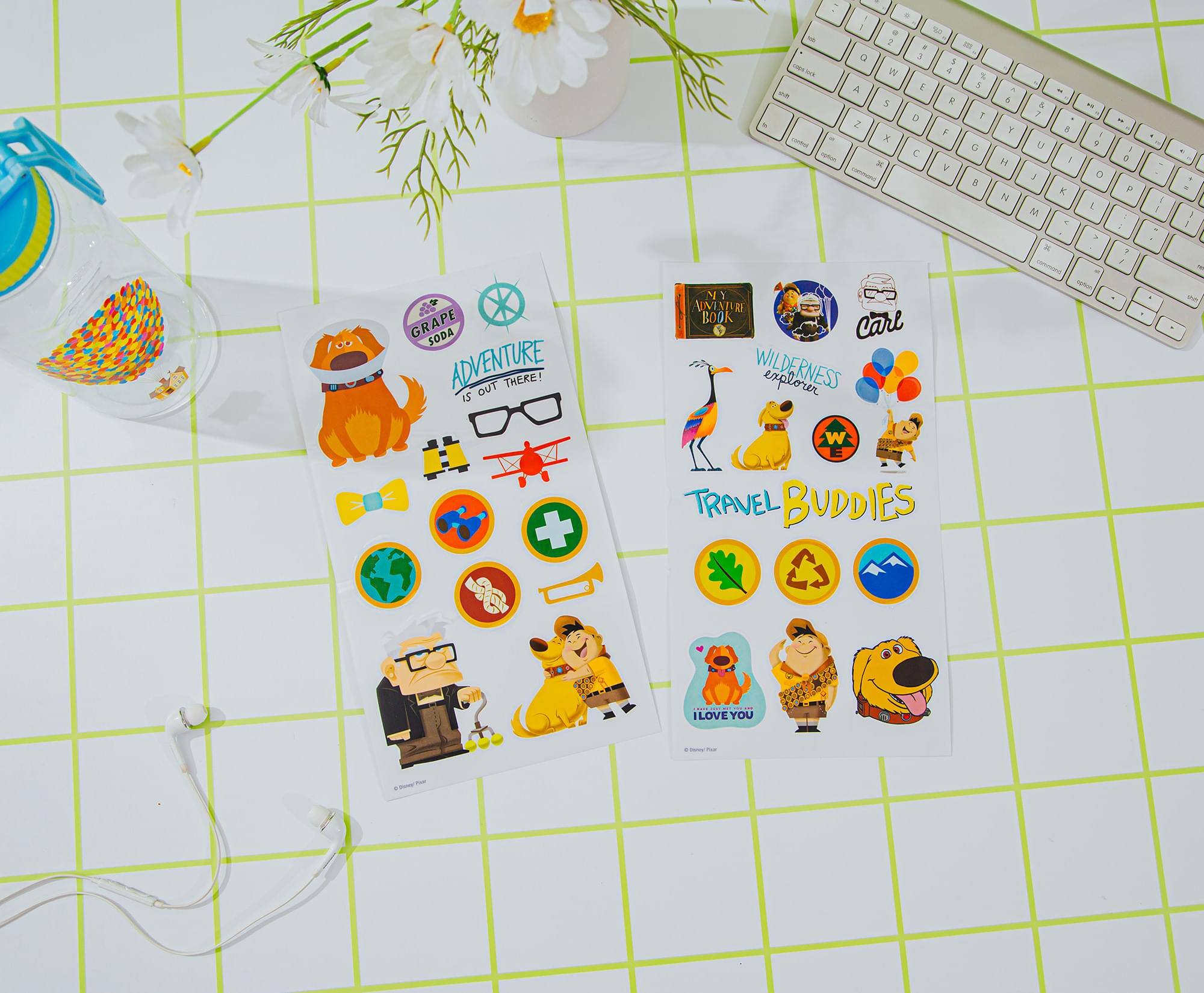 Sure, here is the corrected and grouped text from the image:

**Left Sheet:**
- GRAPE SODA
- ADVENTURE IS OUT THERE!
- CARL
- MY ADVENTURE BOOK
- WILDERNESS EXPLORER
- TRAVEL BUDDIES
- I LOVE YOU

**Right Sheet:**
- MY ADVENTURE BOOK
- CARL
- WILDERNESS EXPLORER
- TRAVEL BUDDIES
- I LOVE YOU