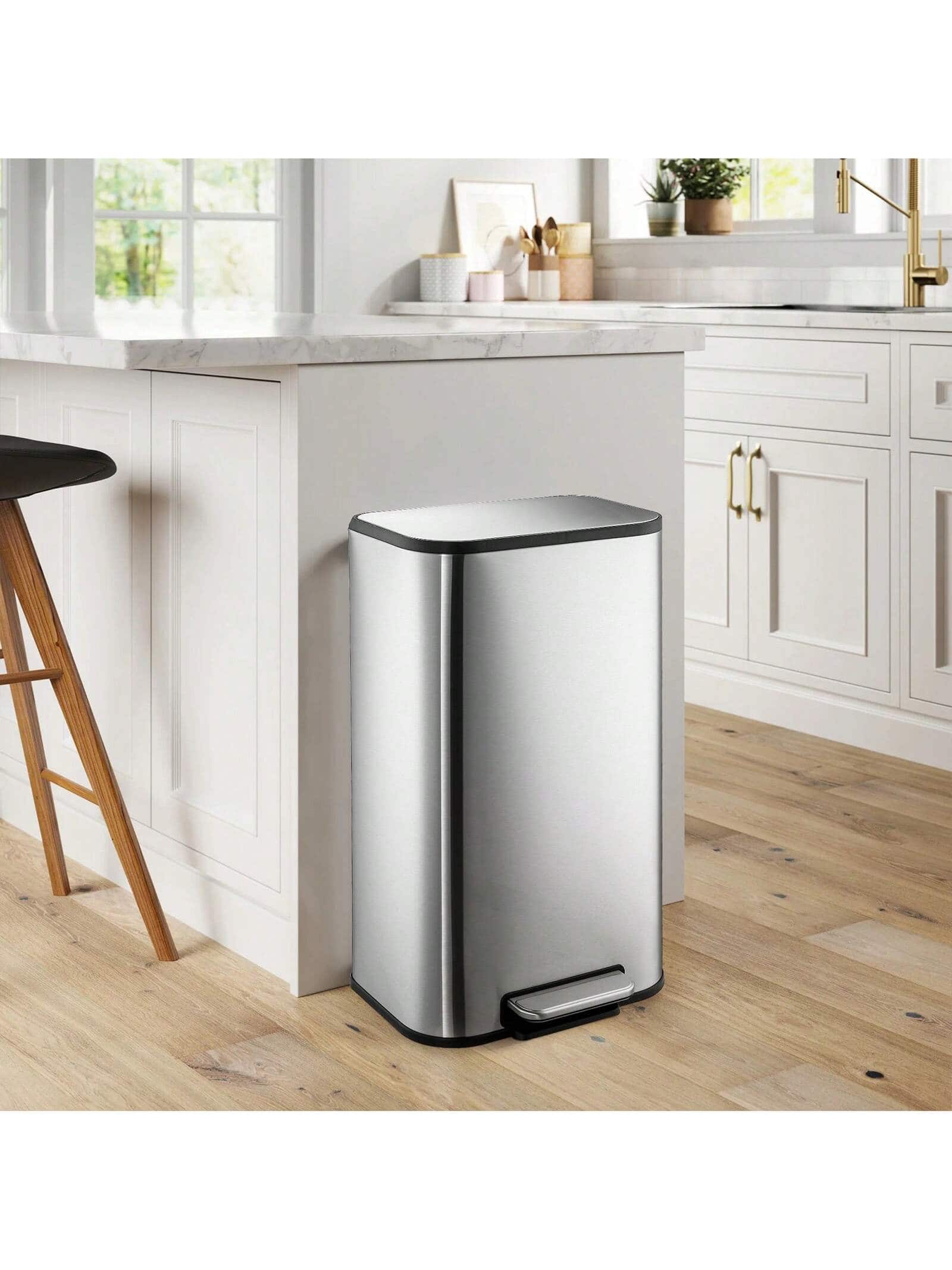 GARVEE - 30L Trash Can Stainless Steel Garbage Can With Lid Step On Pedal Bucket Rectangular Trash Can - Silver 30L