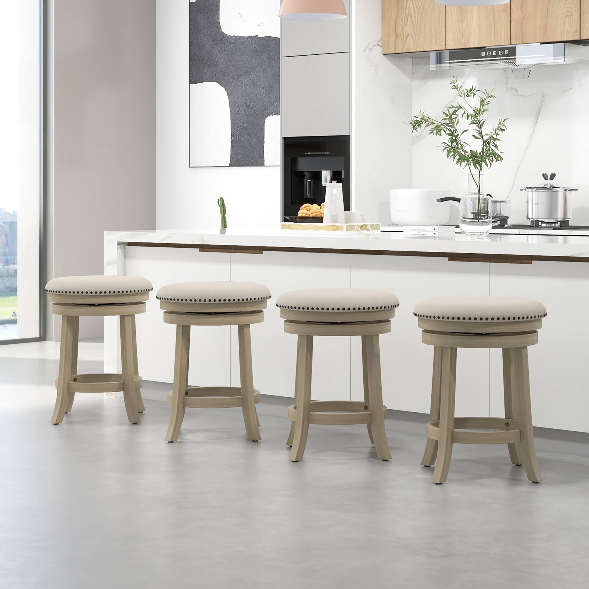 Alt View 1. Gymax - Gymax 24'' Swivel Bar Stools Set of 4 Round Counter Height Barstools w/ Wooden Frame - Beige, Natural.