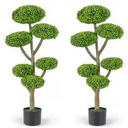 Costway - 2 PCS Artificial Sesame Leaf Topiary, 6 Balls Topiary Tree with Realistic Trunk Base - Green + Natural + Black
