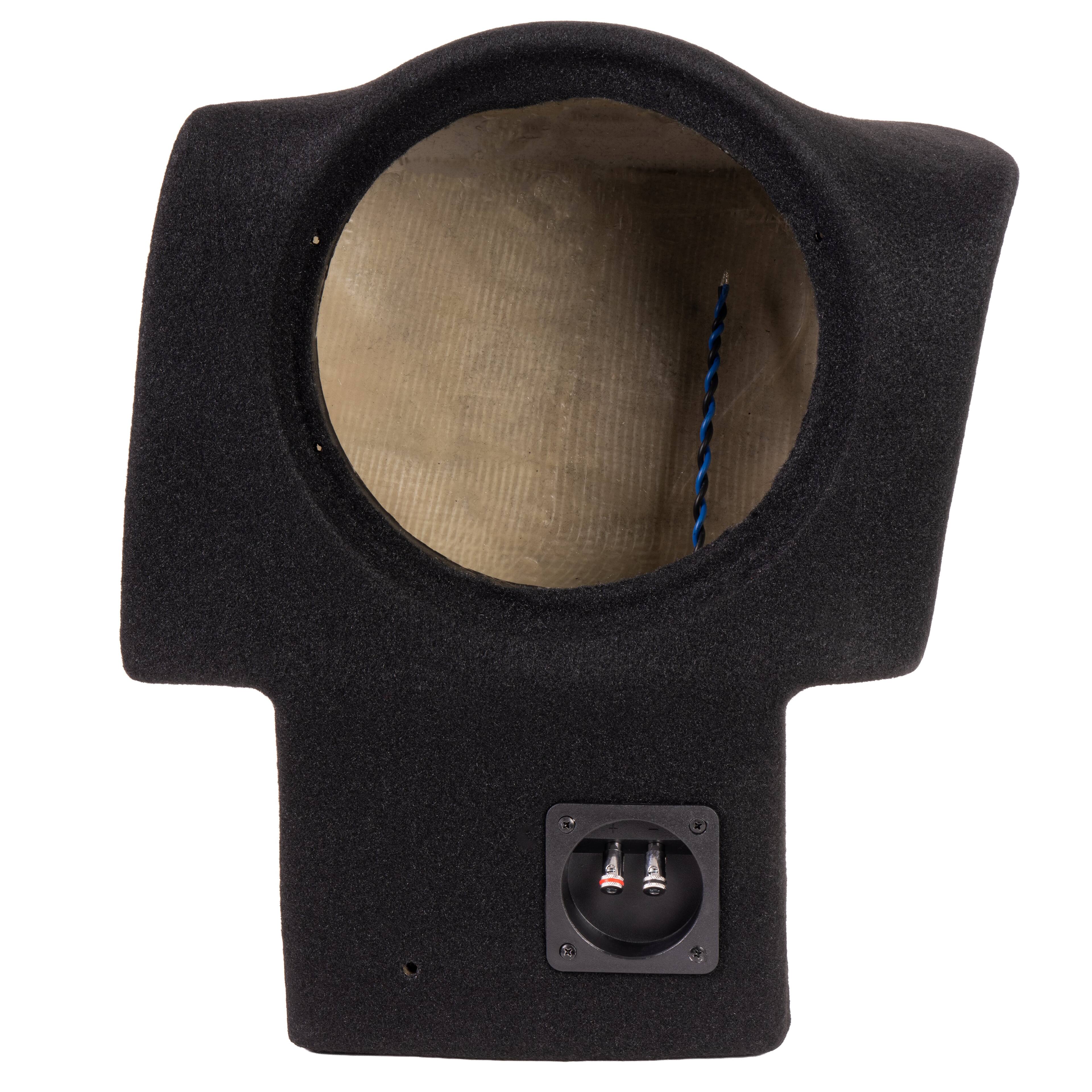 Angle. NVX - UBE-GMC-ACA-G2 BOOST Box Custom Fit 10in Empty Sealed Subwoofer Enclosure for 2017-2023 GMC Acadia, Acadia Limited.