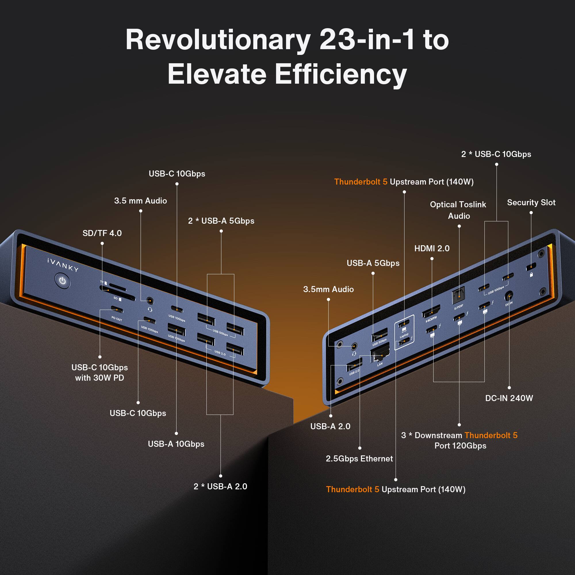 Revolutionary 23-in-1 to Elevate Efficiency

- 2 * USB-C 10Gbps
- USB-C 10Gbps
- Thunderbolt 5 Upstream Port (140W)
- 3.5 mm Audio SD/TF 4.0
- 2 USB-A 5Gbps
- Optical Toslink Audio
- Security Slot
- iVANKY
- USB-A 5Gbps 3.5mm Audio
- HDMI 2.0
- 352
- O COL INITADA
- CONVA 100
- Page
- USB-C 10Gbps with 30W PD
- 19513
- DC-IN 240W
- USB-C 10Gbps USB-A 10Gbps
- USB-A 2.0 3 Downstream Thunderbolt 5 Port 120Gbps 2.5Gbps Ethernet
- 2 * USB-A 2.0
- Thunderbolt 5 Upstream Port (140W)