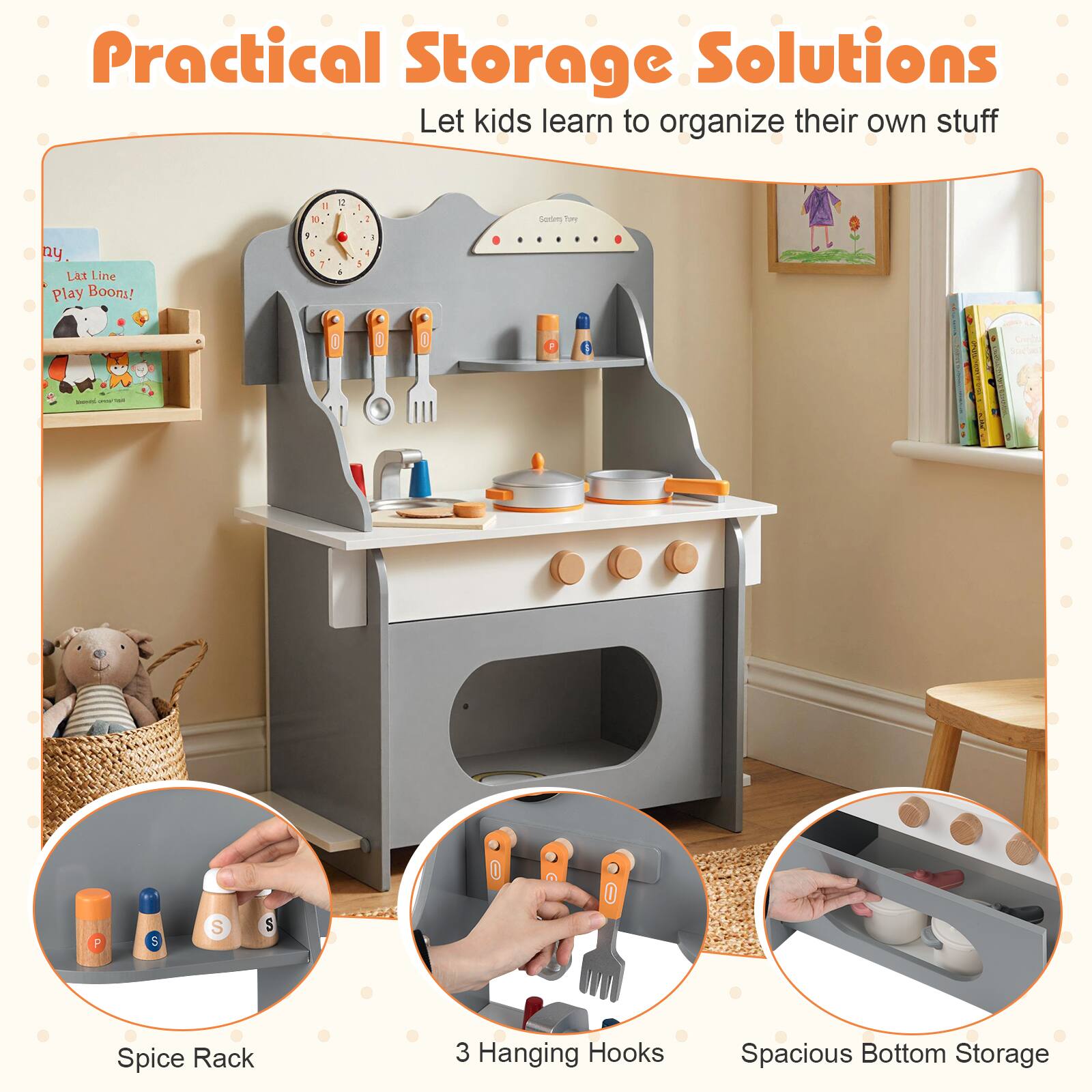 Practical Storage Solutions  
Let kids learn to organize their own stuff  

- Spice Rack  
- 3 Hanging Hooks  
- Spacious Bottom Storage