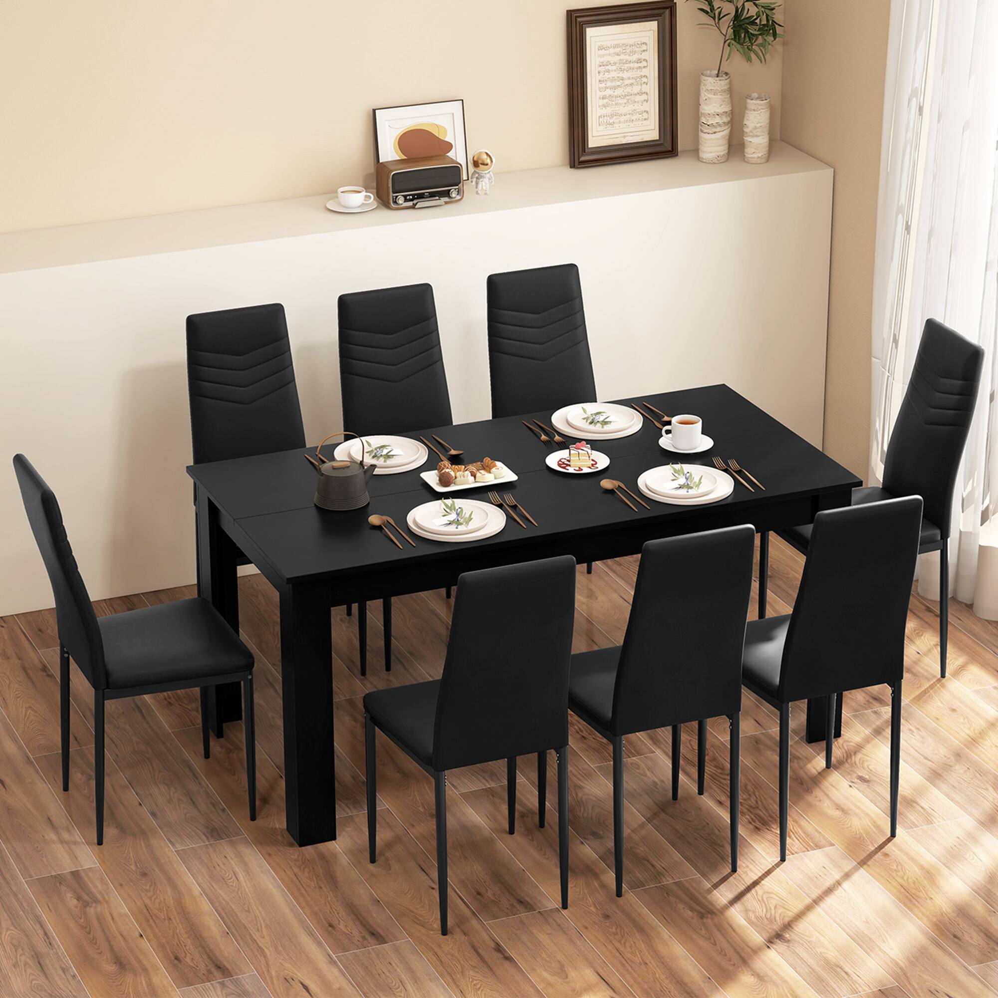 Alt View 3. Costway - Costway Modern Rectangular Kitchen Table Set with 8 PVC Leather Dining Chairs - Black.