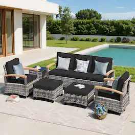Yardgrace - 6-Piece Wicker Patio Set w/ 2 Wood Armrest Swivel Glide Chairs & 2 Ottomans for Deck, Yard or Poolside - Black