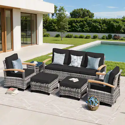 Front. Yardgrace - 6-Piece Wicker Patio Set w/ 2 Wood Armrest Swivel Glide Chairs & 2 Ottomans for Deck, Yard or Poolside - Black.