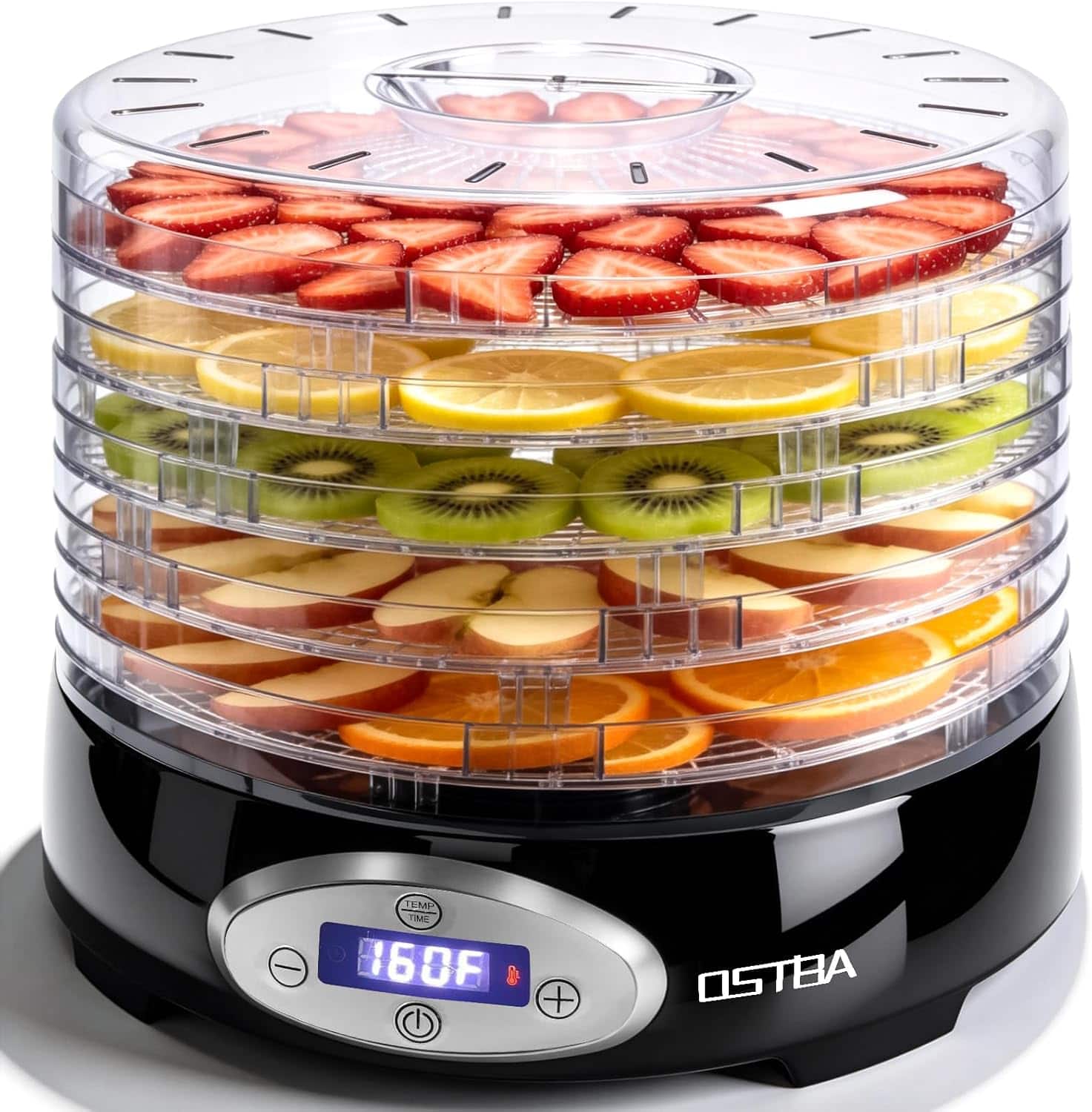 OSTBA - Food Dehydrator, 5 BPA-Free 12.2" Trays, Adjustable Temp 95–160℉, 48H Timer for Fruits, Veggies, Jerky, Herbs - Clear/Black
