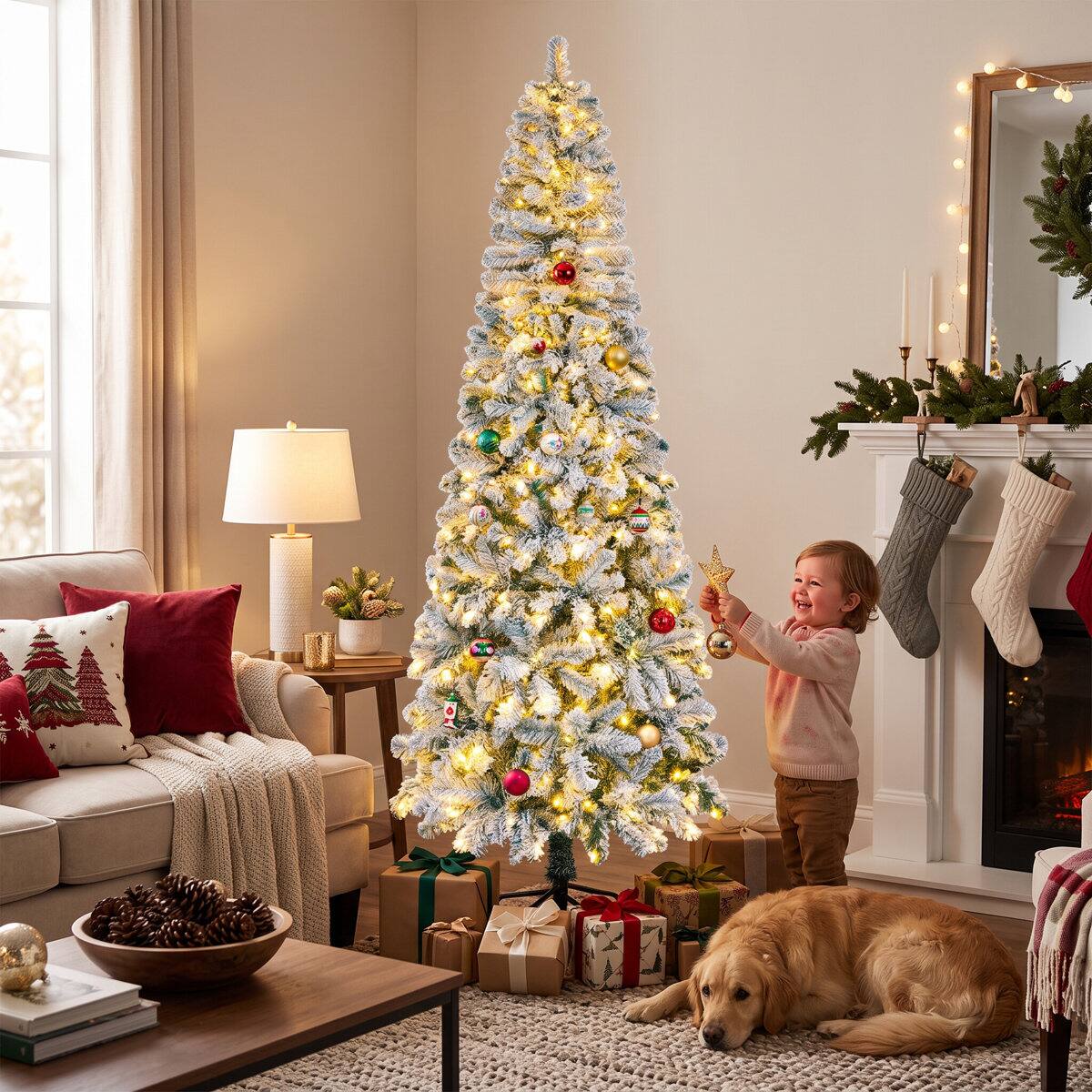 Wisairt 7.5FT Pre Lit Flocked Pencil Christmas Tree, 682 Tips, 300