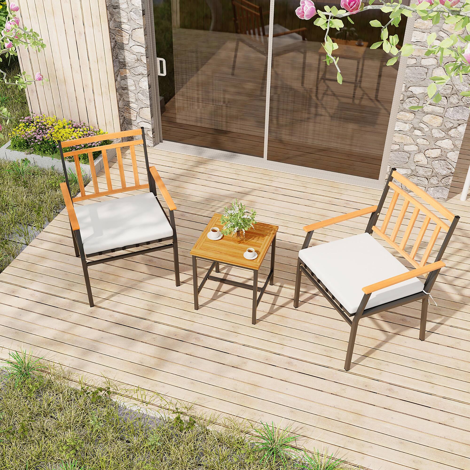 Alt View 1. Gymax - Gymax 3 PCS Acacia Wood Bistro Set Patio Conversation Set w/ Cushions and Coffee Table - Off White.