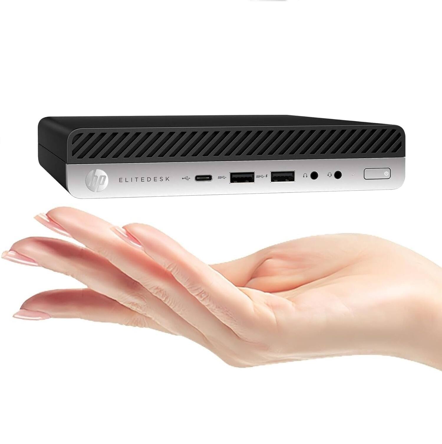 Left. HP - HP EliteDesk 800 G5 Mini Desktop PC, Intel Core i5-9500T up to 3.7GHz, 32GB DDR4 RAM, 1TB NVMe SSD, USB WiFi, Win11 Pro - Black.